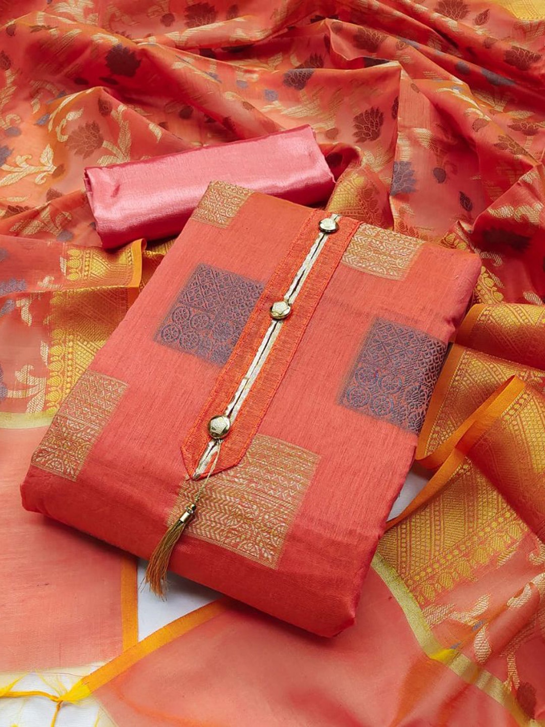 

APNISHA Ethnic Motifs Embellished Zari Pure Silk Unstitched Dress Material, Orange