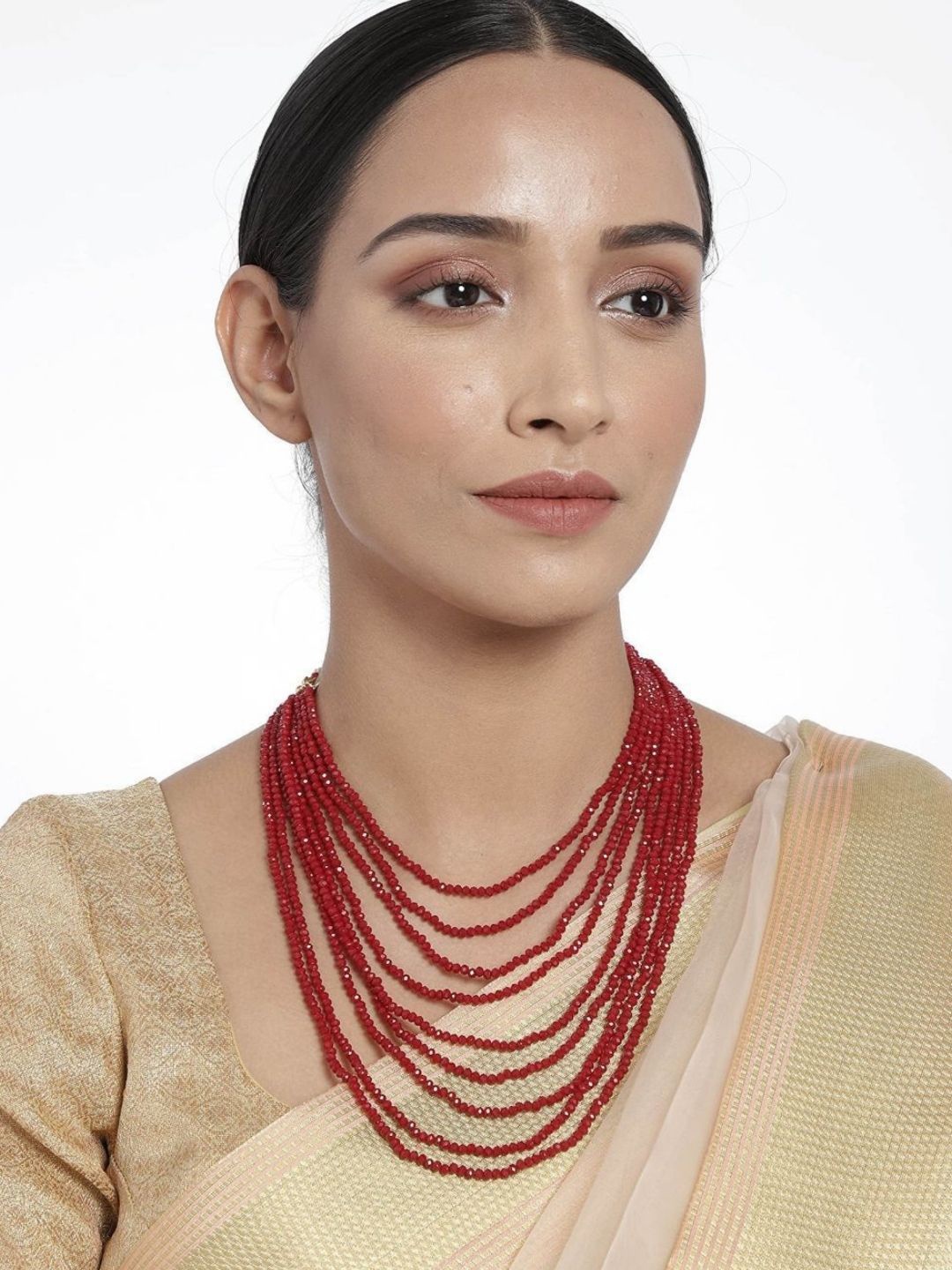 

I Jewels Gold-Plated Crystal Beaded Layered Necklace, Maroon