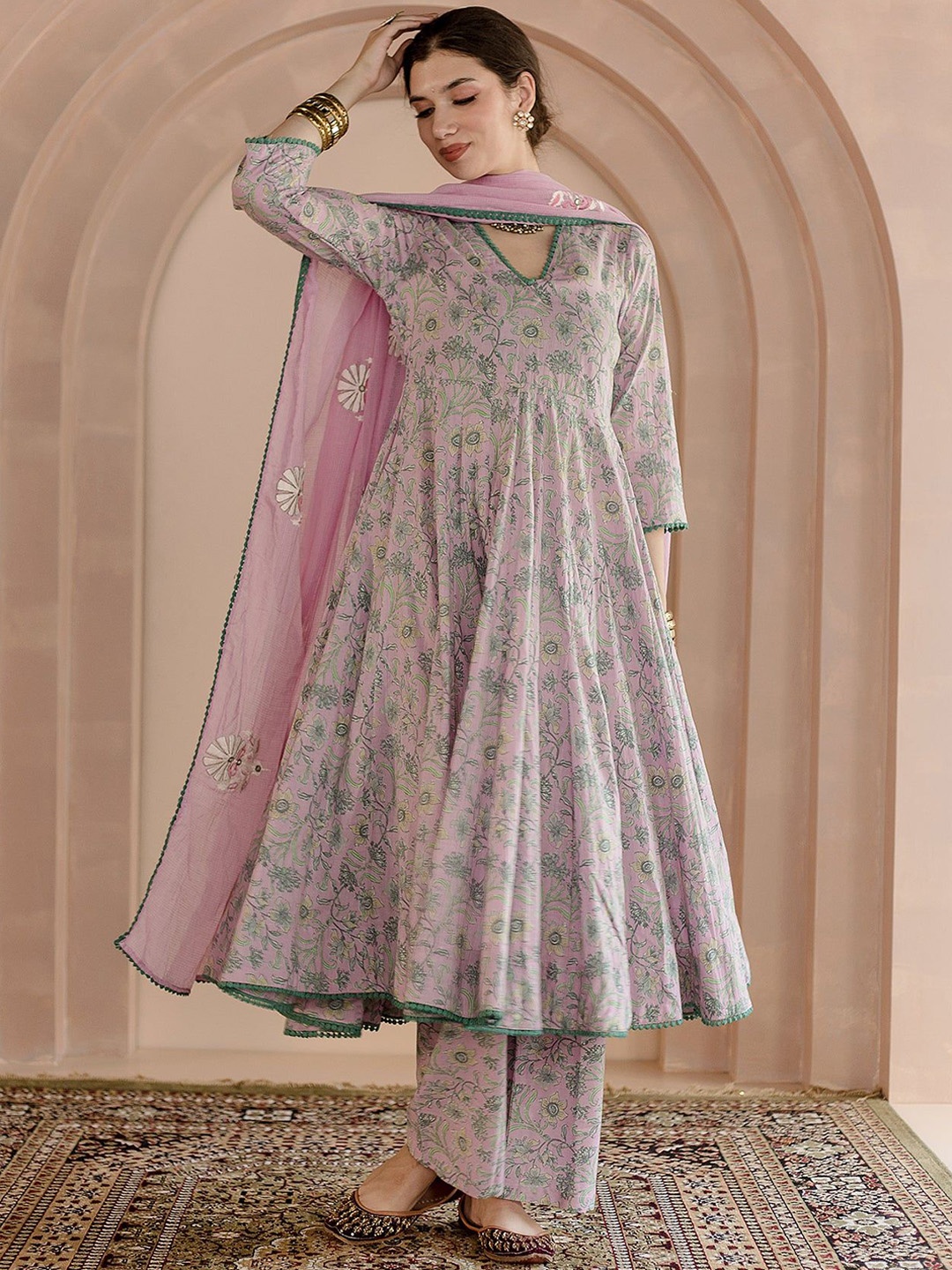 

GulaboJaipur Floral Printed V-Neck Pure Cotton Anarkali Kurta with Pyjama & Dupatta, Pink