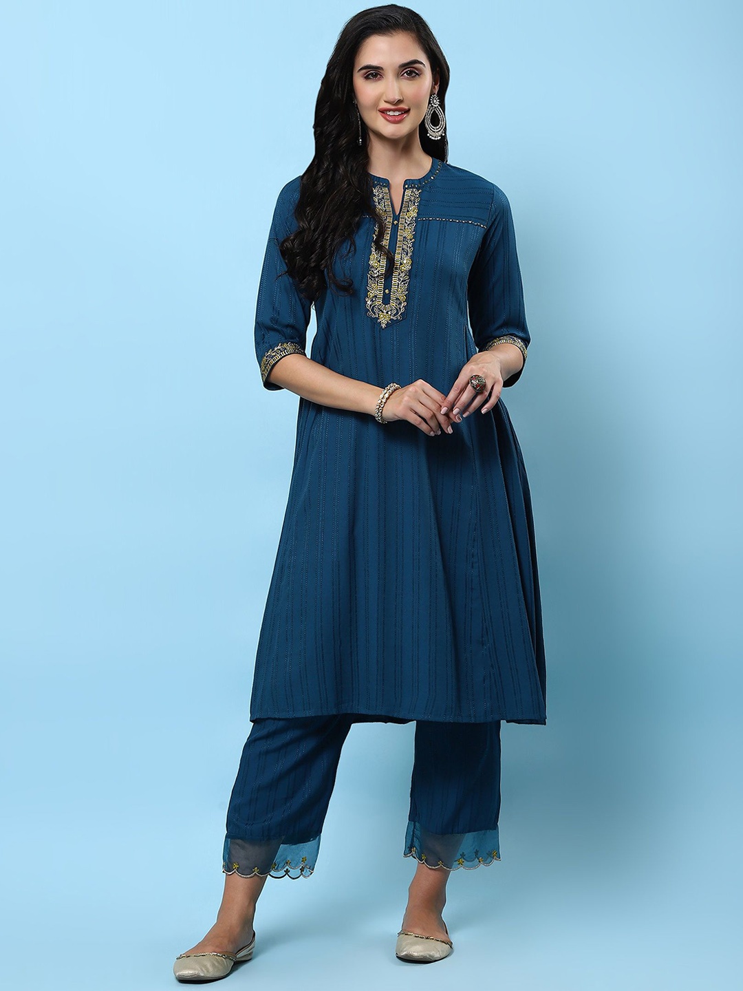 

Shree Embroidered Regular Sequinned Liva A-Line Kurta with Trousers, Blue