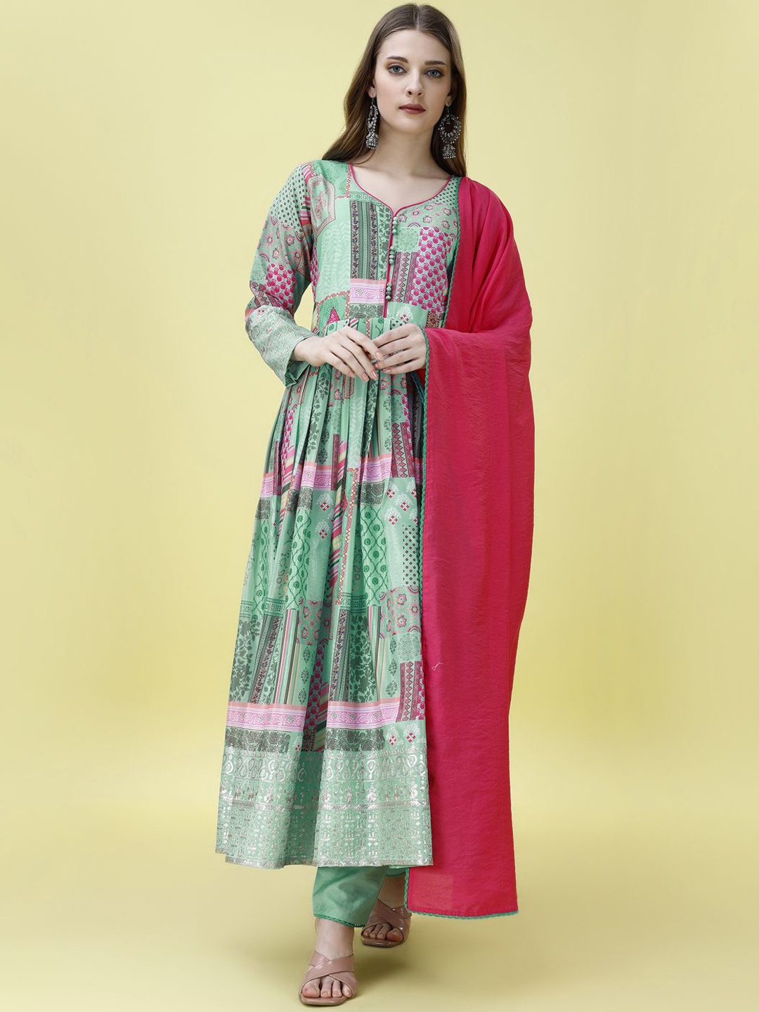 

KALINI Floral Printed Sequinned Pleated Anarakali Kurta With Trousers & Dupatta, Turquoise blue