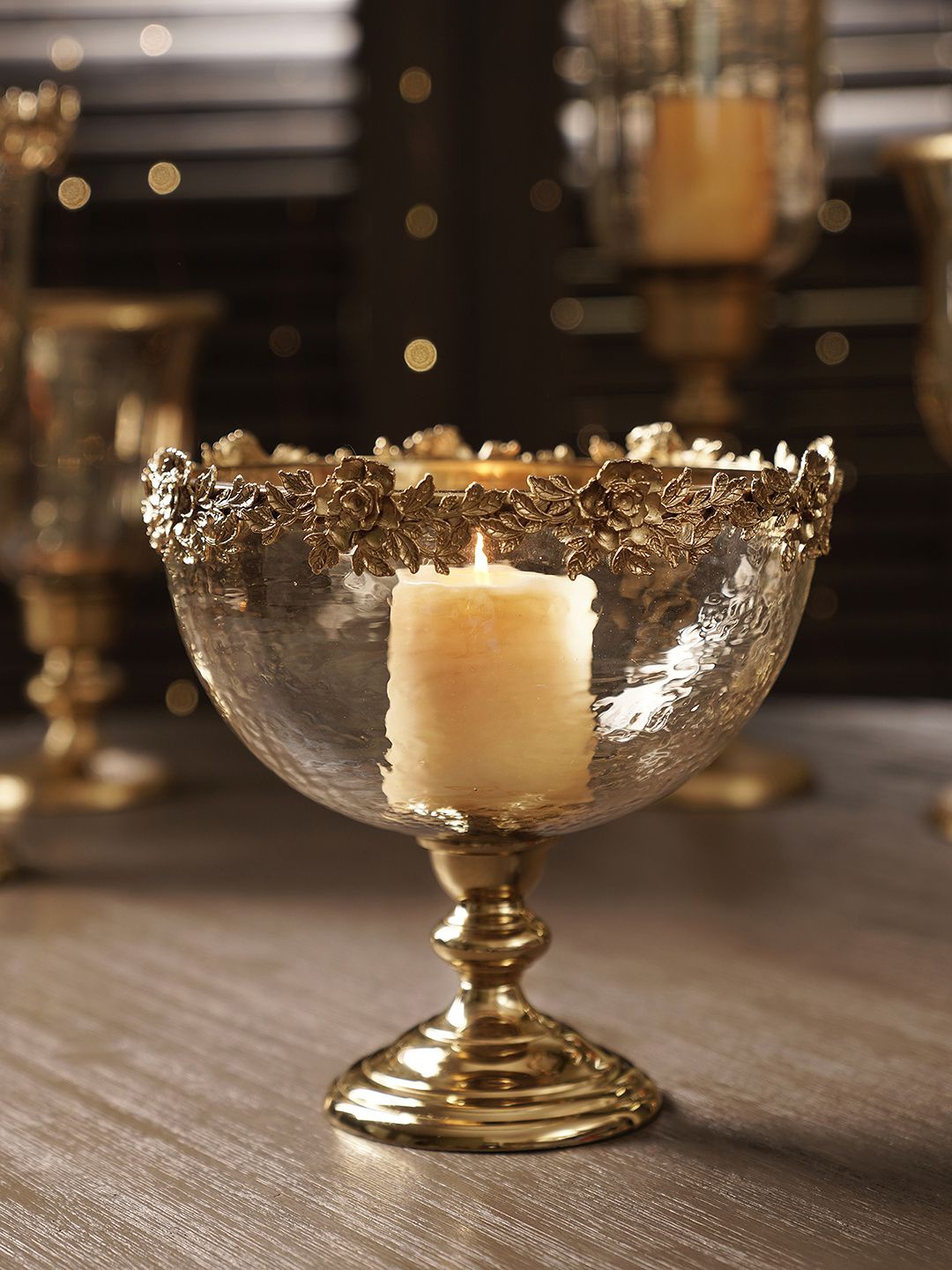 

Pure Home and Living Gold-Toned & Transparent Hammered Glass Decorative Bowl With Stand