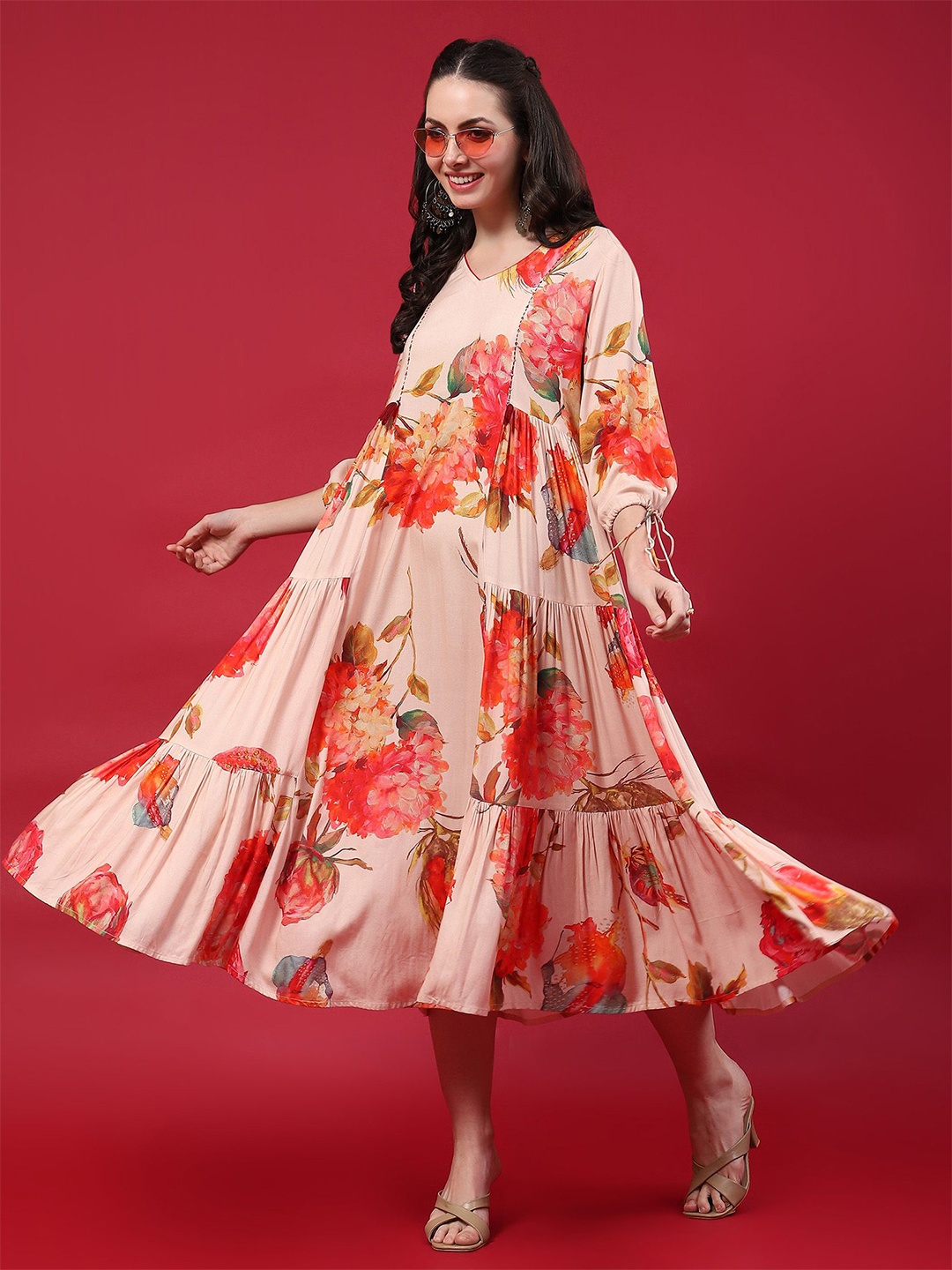 

Shree Floral Print Flared Sleeve Liva Fit & Flare Maxi Dress, Peach