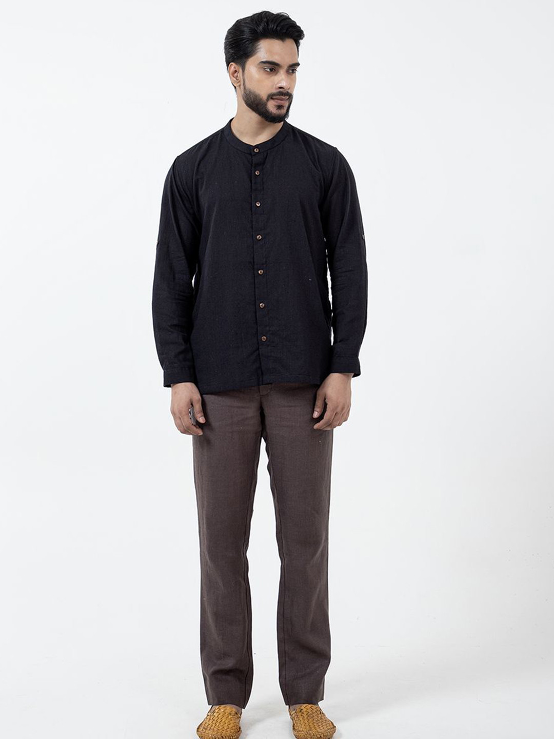 

Inkriti Men Classic Band Collar Textured Solid Cotton Casual Shirt, Black