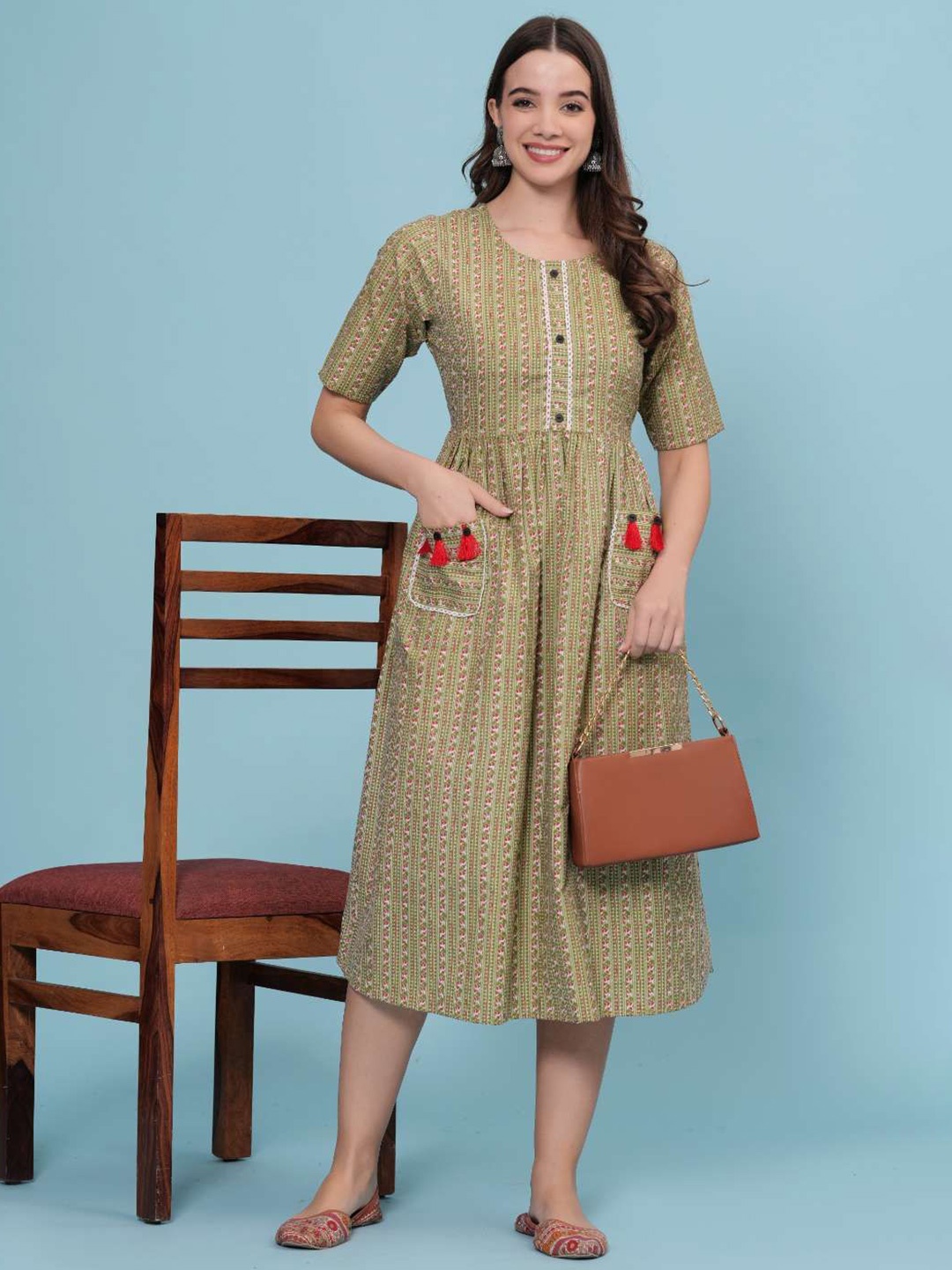 

HEARTLOOM Printed Pure Cotton Empire Ethnic Dress, Green