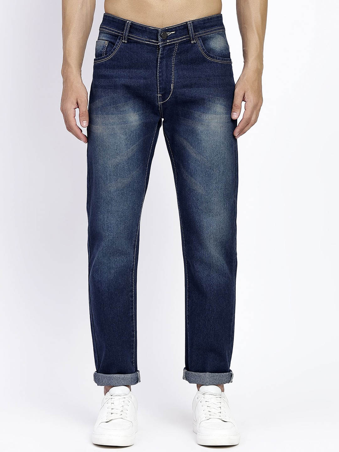 

POMPOUS Men Cotton Slim Fit Mid-Rise Heavy Fade Jeans, Navy blue