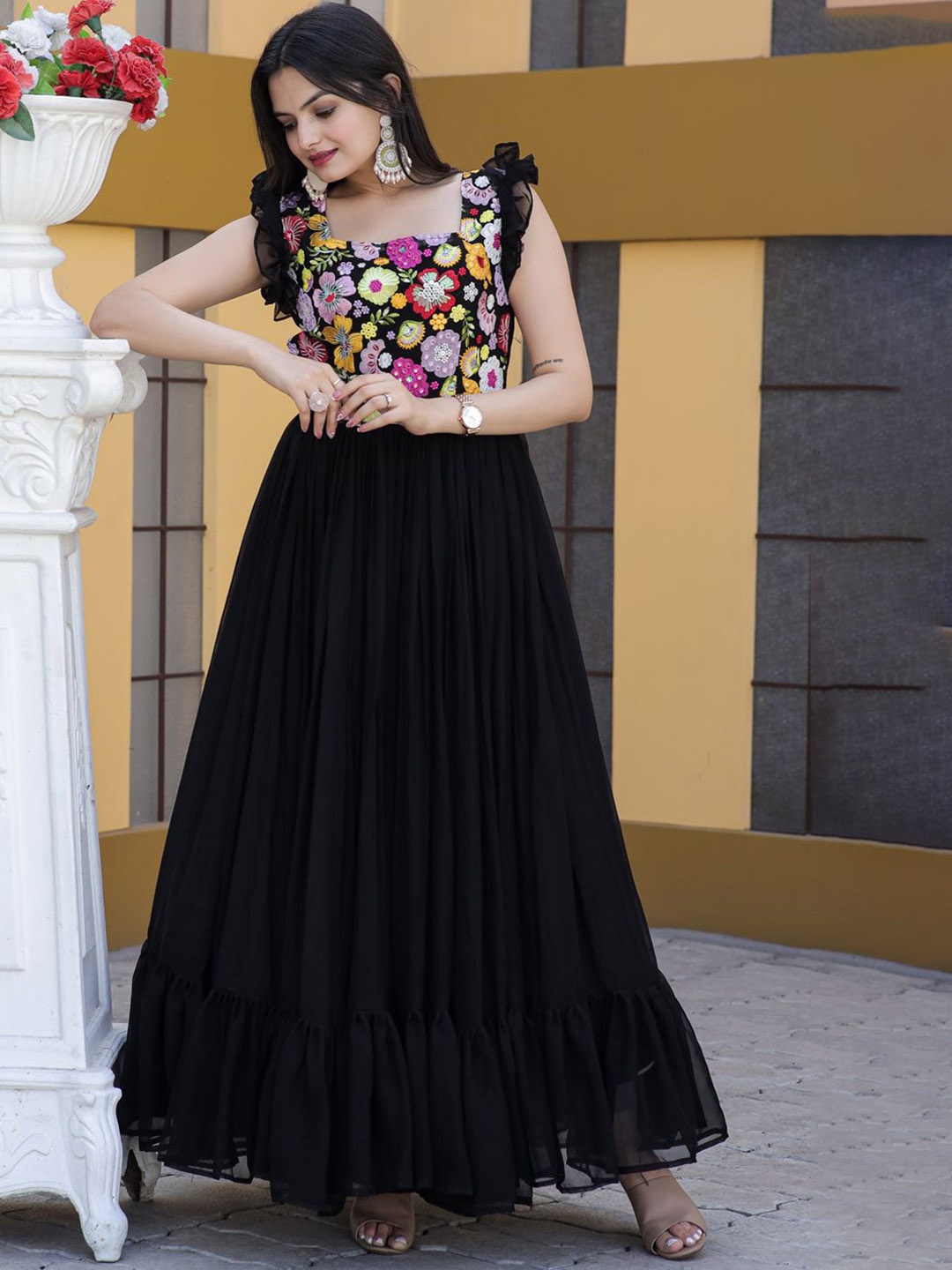 

KALINI Embriodery Flutter Sleeve Georgette Gown Maxi Ethnic Dresses, Black