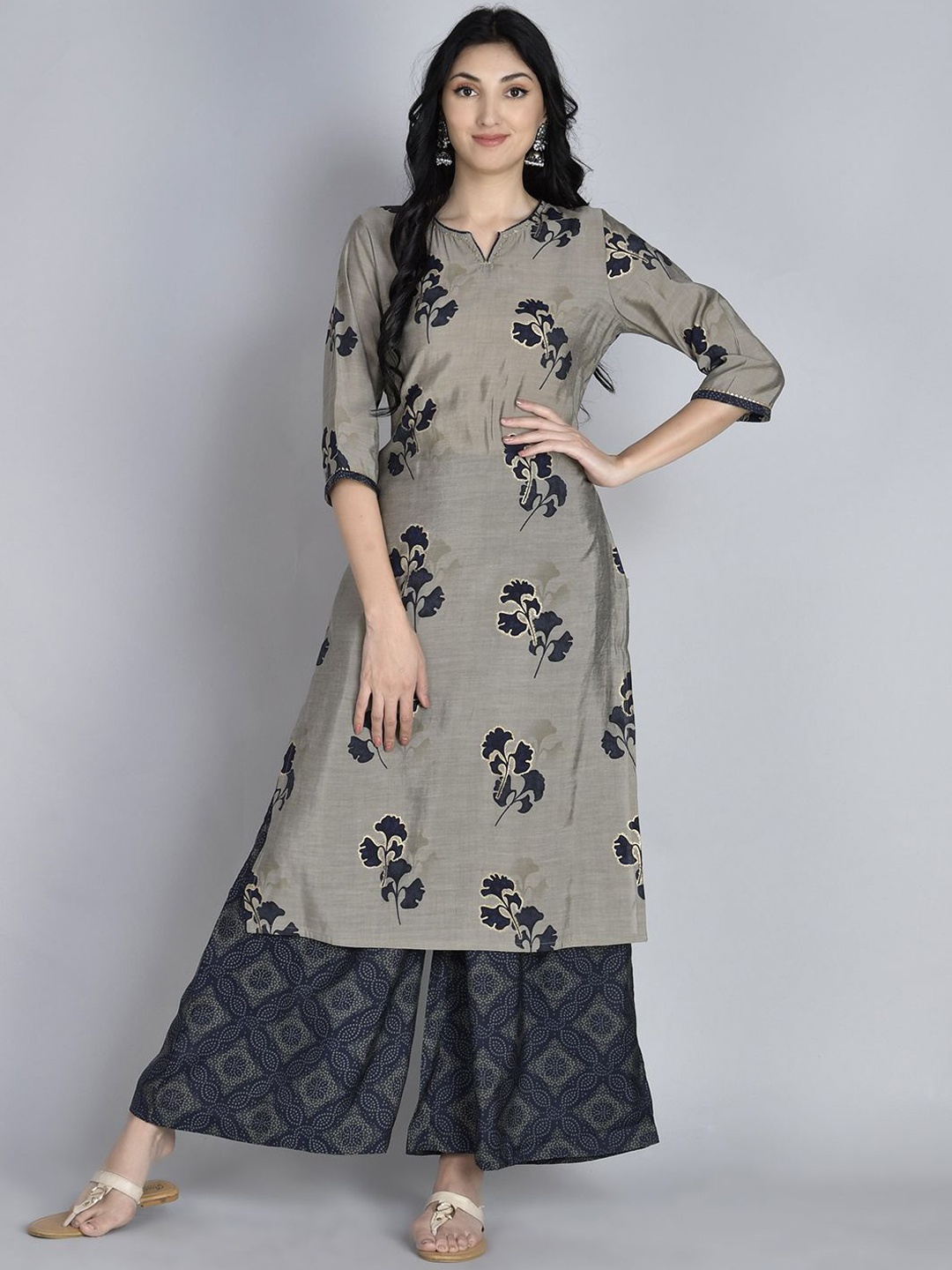 

Shree Floral Printed Regular Liva Straight Kurta with Trousers, Navy blue