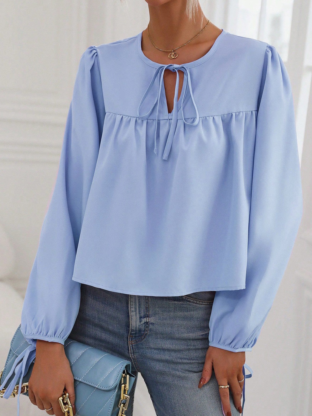 

StyleCast Women Solid Tie-Up Neck Top, Blue