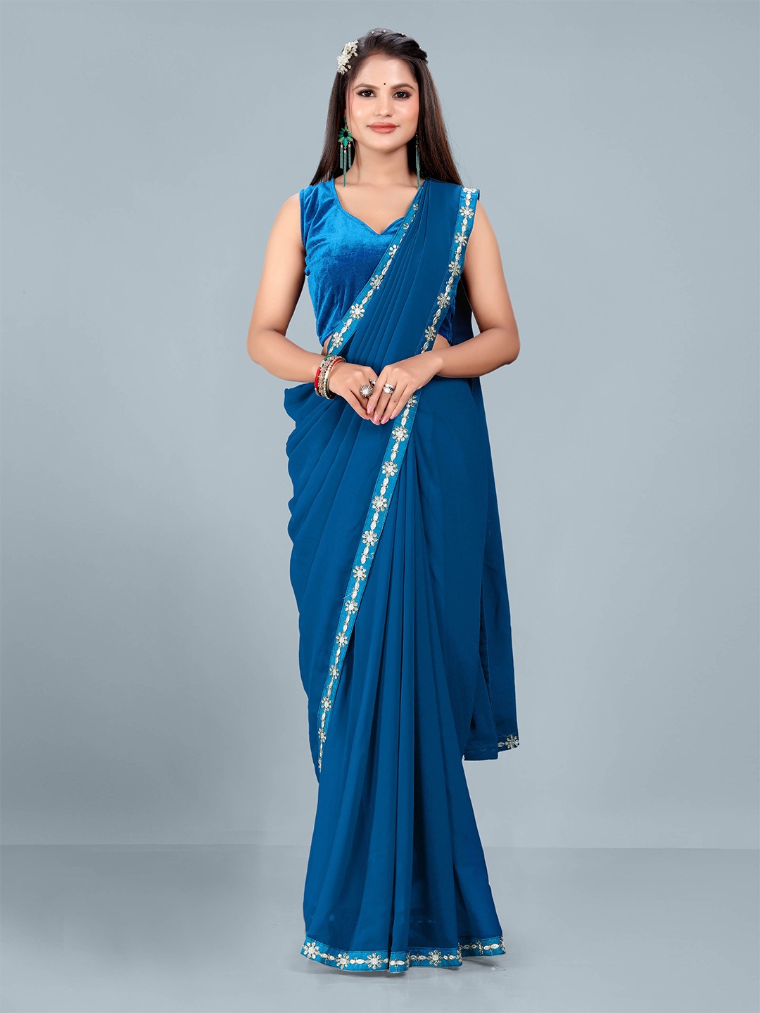 

Ashiya Fab Embroidered Pure Georgette Saree, Teal