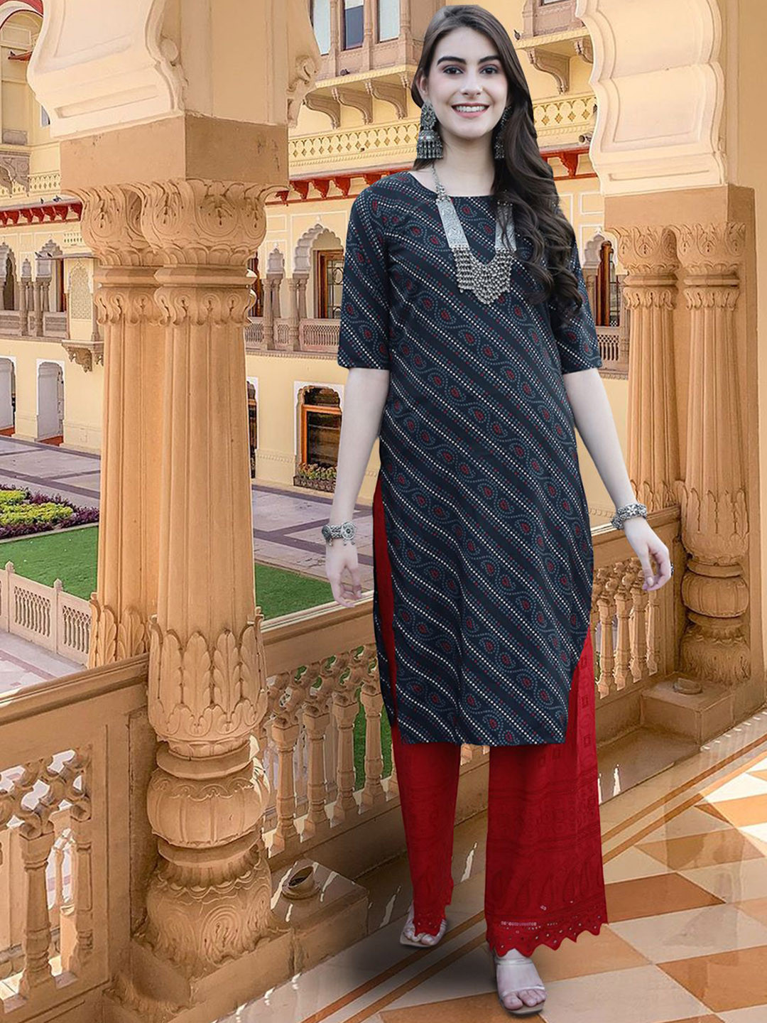 

7Threads Paisley Printed Round Neck Straight Kurta, Black