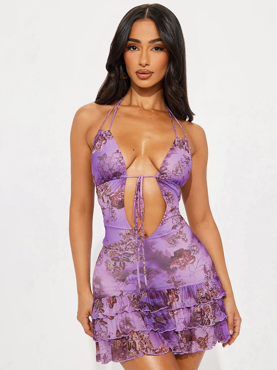 

StyleCast x Revolte Women Floral Print Layered Bodycon Mini Dress, Purple