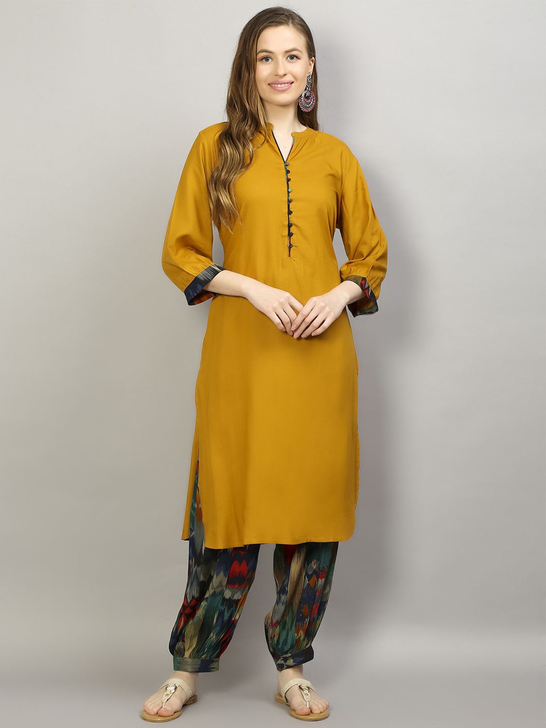 

Shree Mandarin Collar Regular Liva Straight Kurta with Trousers, Mustard