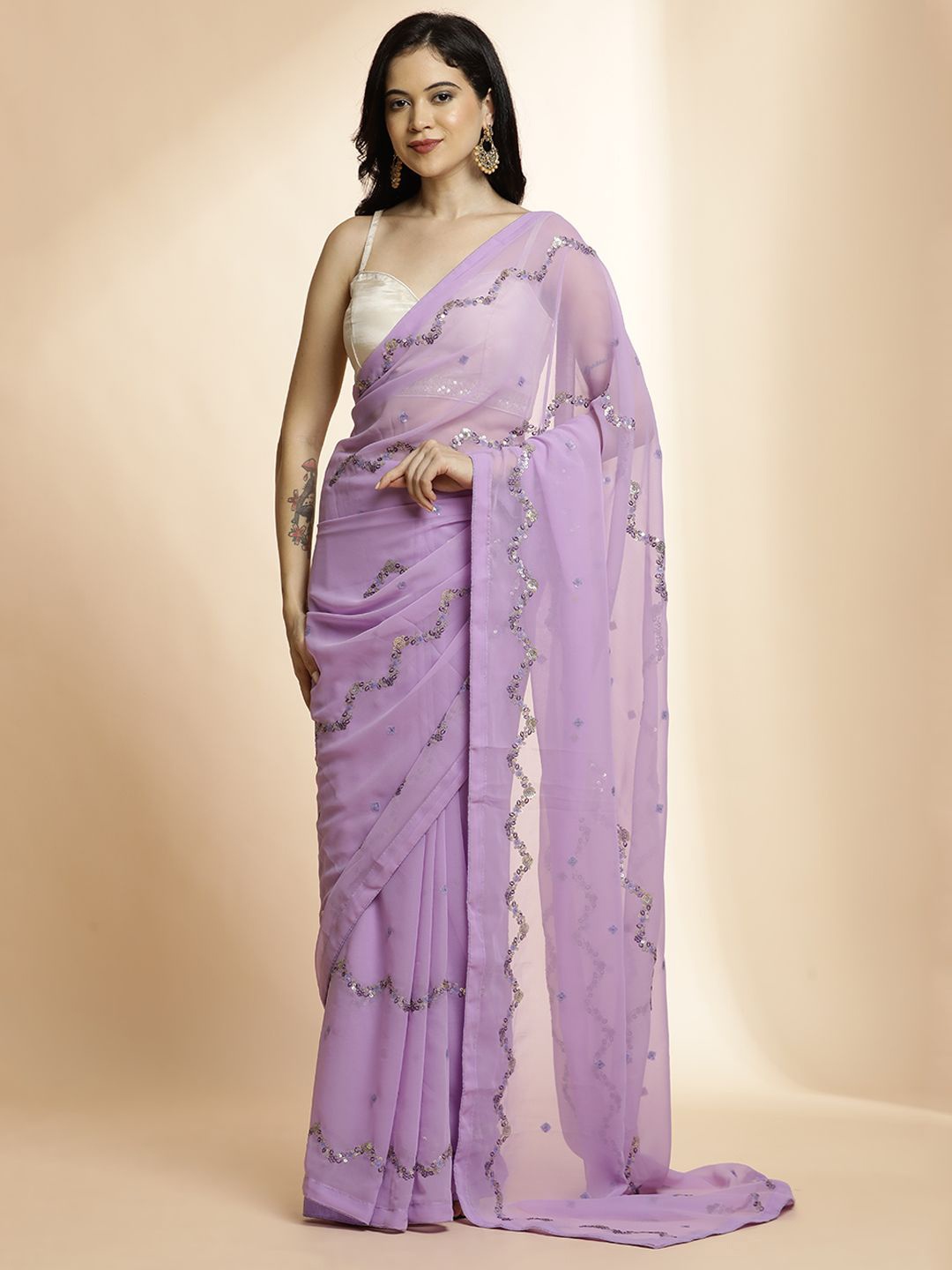 

Jaipur Kurti Women Embellished Sequinned Pure Georgette Saree, Purple