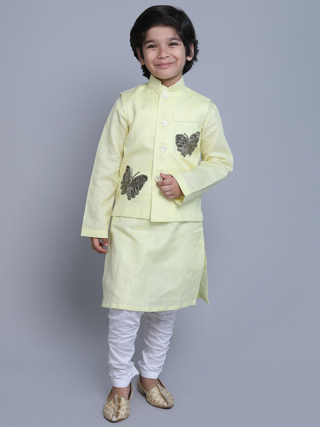 

Little Clothings Boys Straight Linen Kurta with Churidar & Nehru Jacket, Yellow