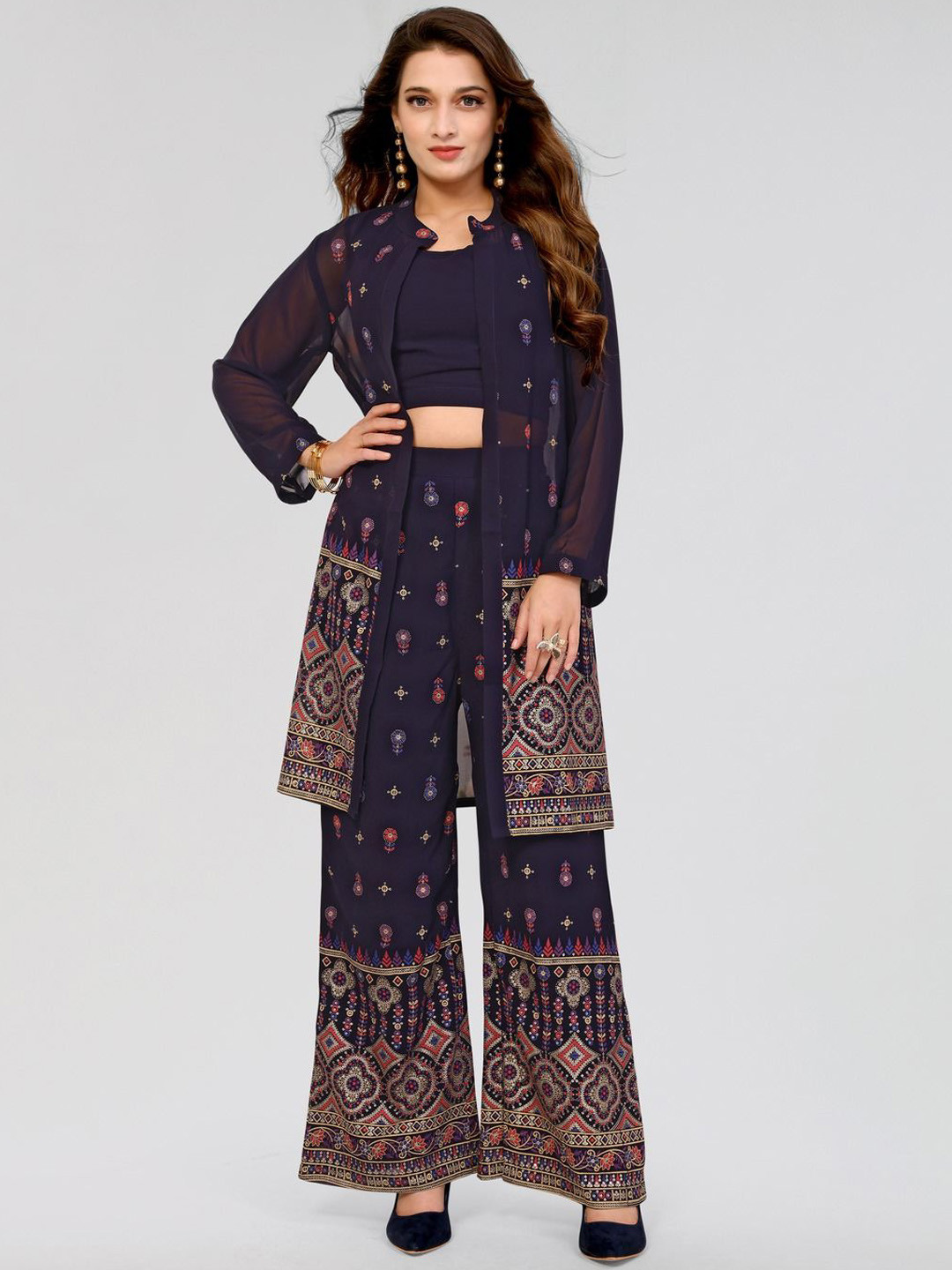 

PYARI - A style for every story Floral Printed Crop Top With Palazzo and Open Shrug, Navy blue