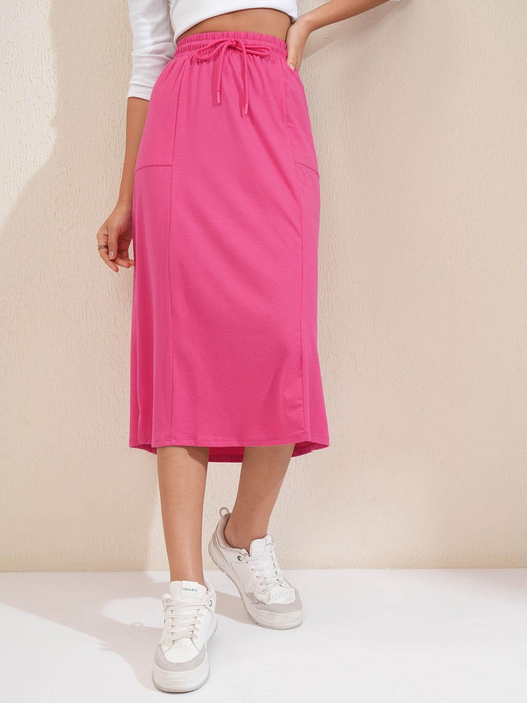 

Tokyo Talkies Solid Knitted Midi Straight Skirt, Pink