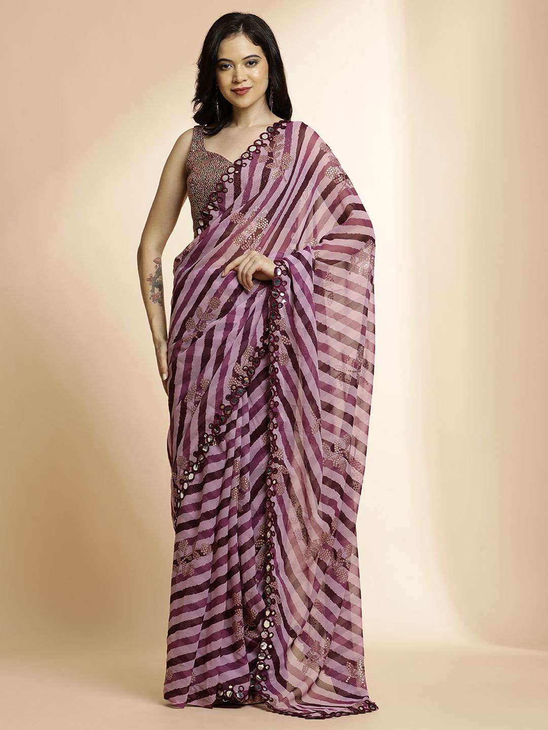 

Jaipur Kurti Women's Striped Printed Mirror Work Border Saree, Violet