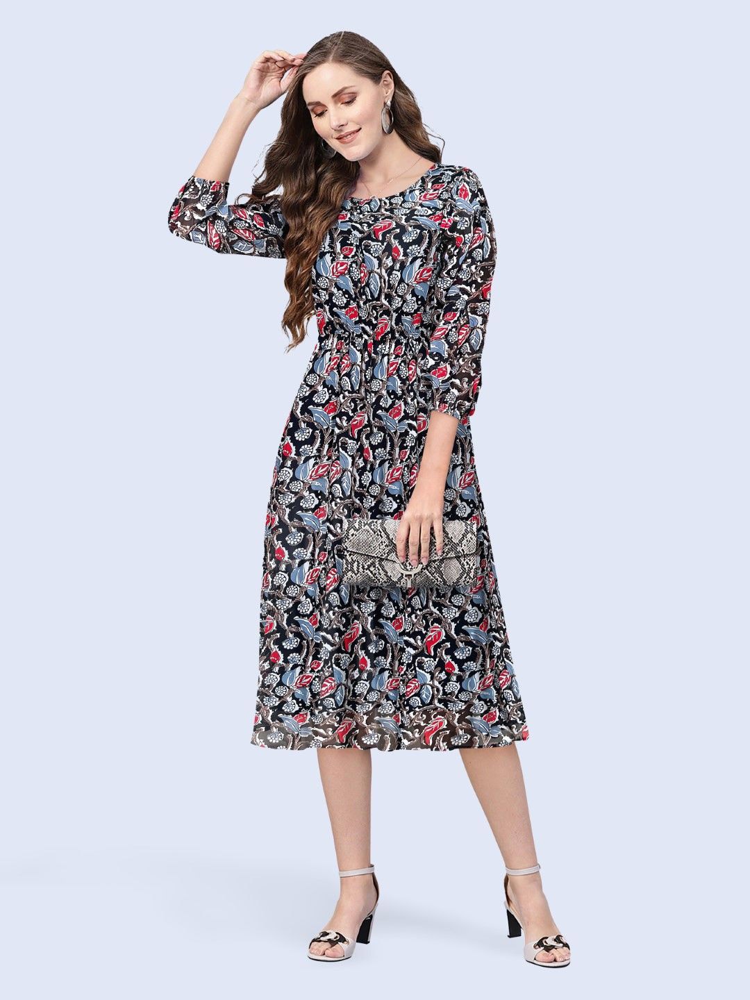 

BAESD Floral Print Puff Sleeve Georgette Fit & Flare Midi Dress, Multi