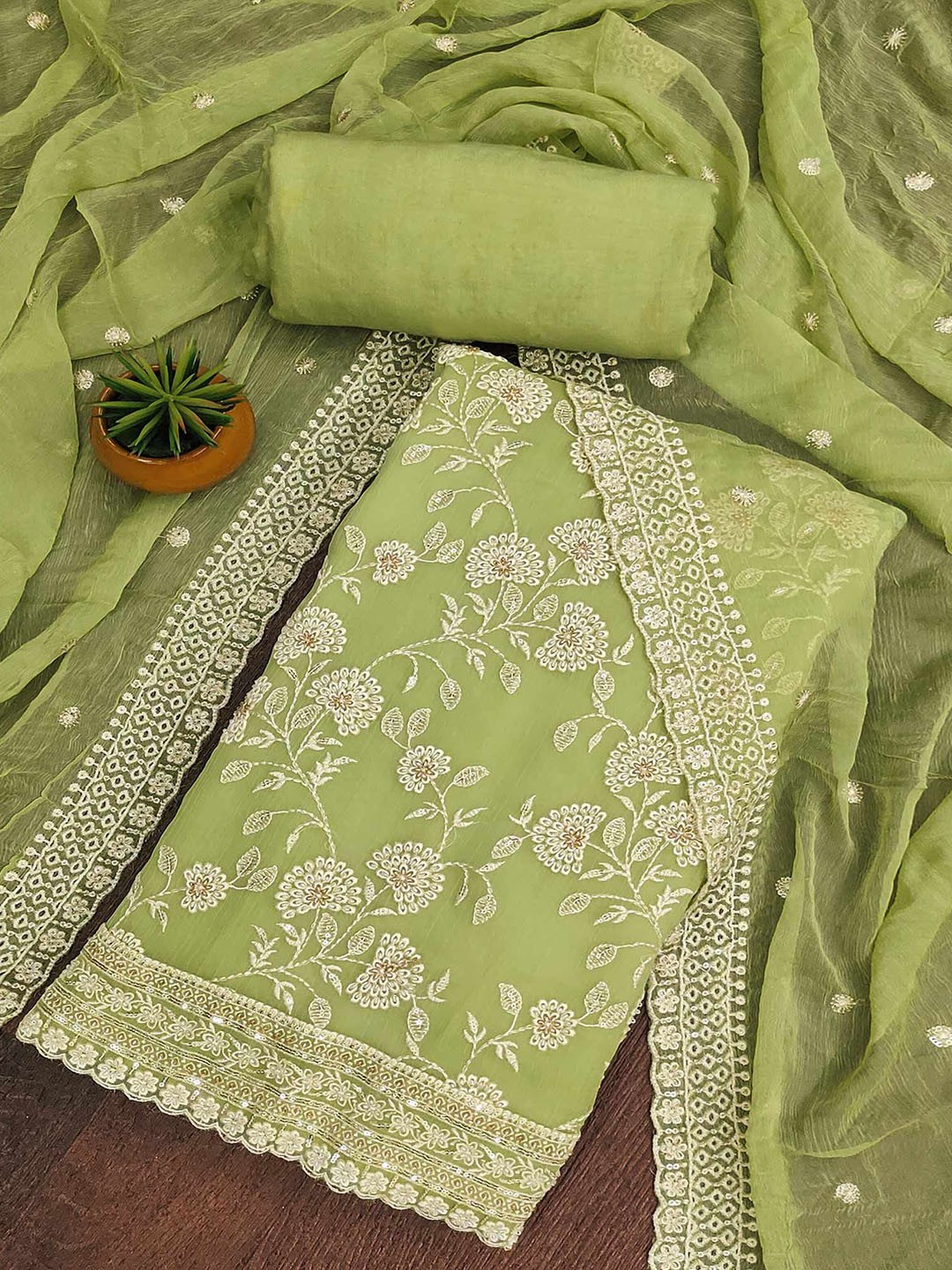 

Peachmode Embroidered Silk Chiffon Unstitched Dress Material, Green