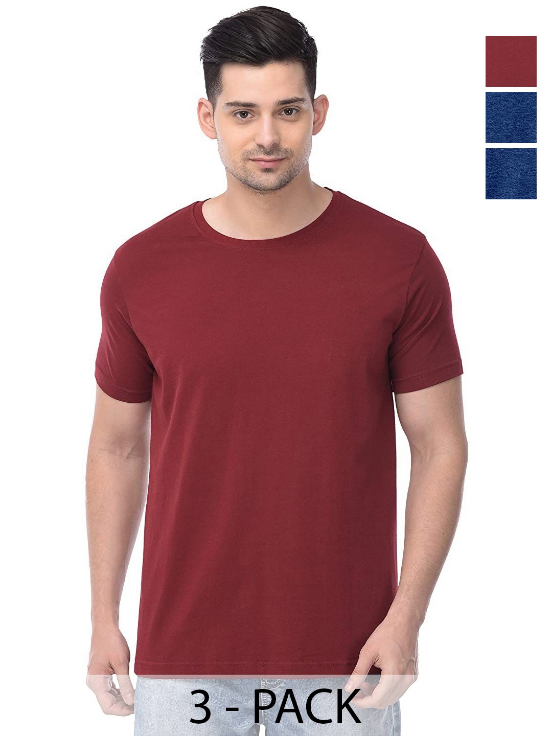 

COLOR CAPITAL Pack of 3 Unisex Solid Round Neck Cotton T-Shirts, Maroon