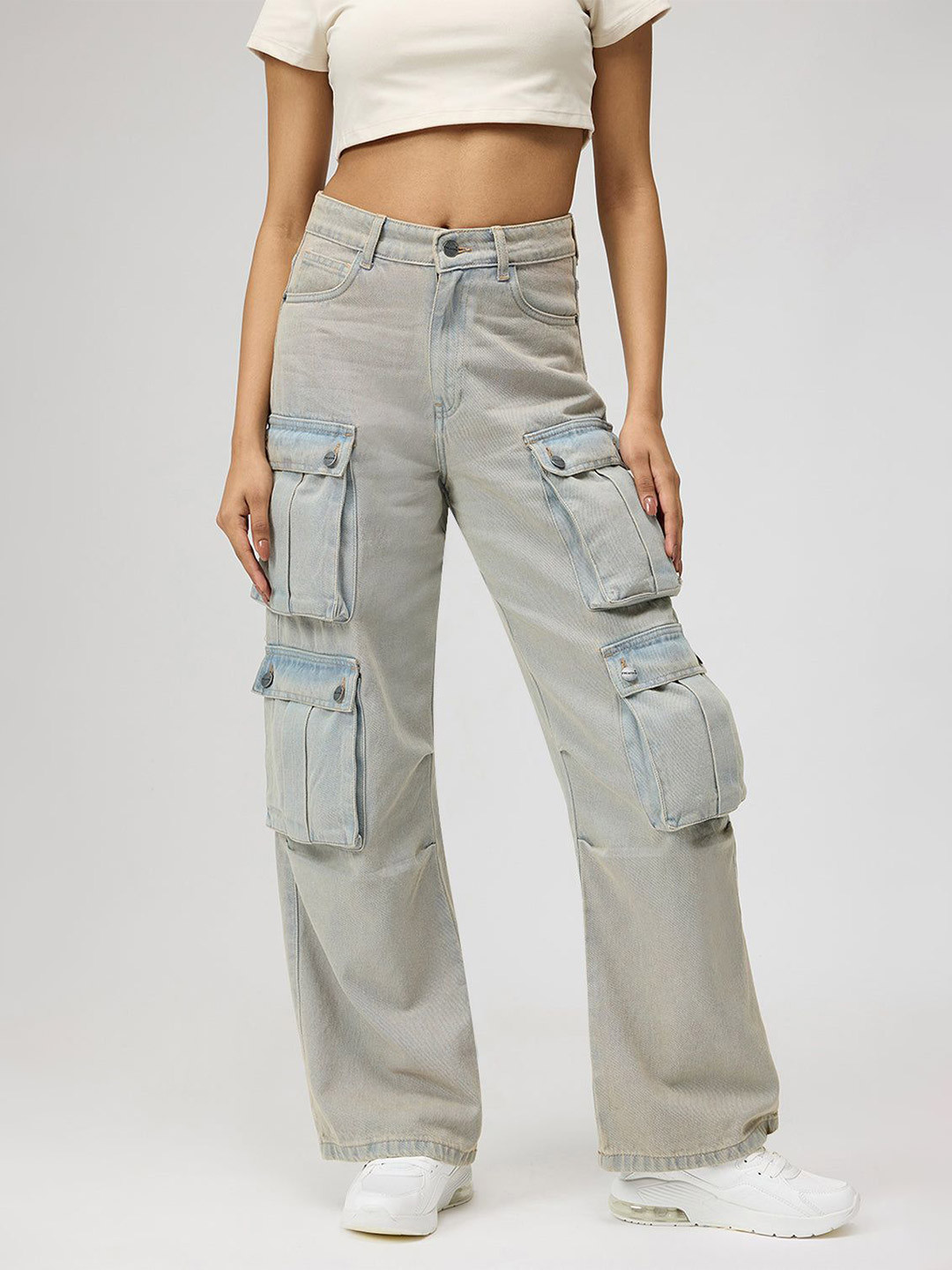 

FREAKINS Women Relaxed Fit High-Rise Cotton Cargo Jeans, Blue