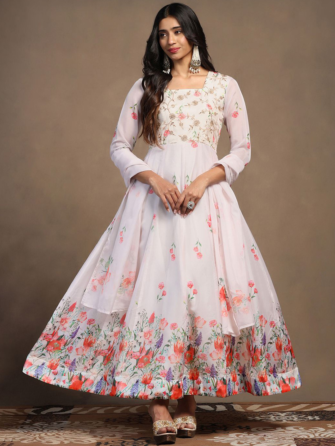 

BAESD Printed Square Neck Square Neck Fit & Flare Ethnic Dress comes with Dupatta, Peach