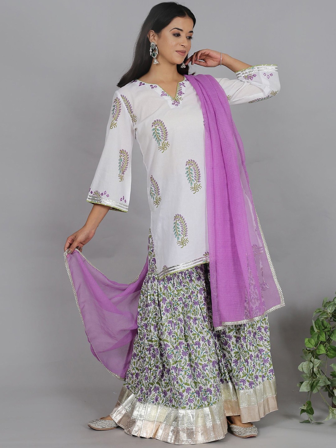 

Spring Soul Ethnic Motifs Printed Gotta Patti Pure Cotton Kurti With Sharara & Dupatta, White