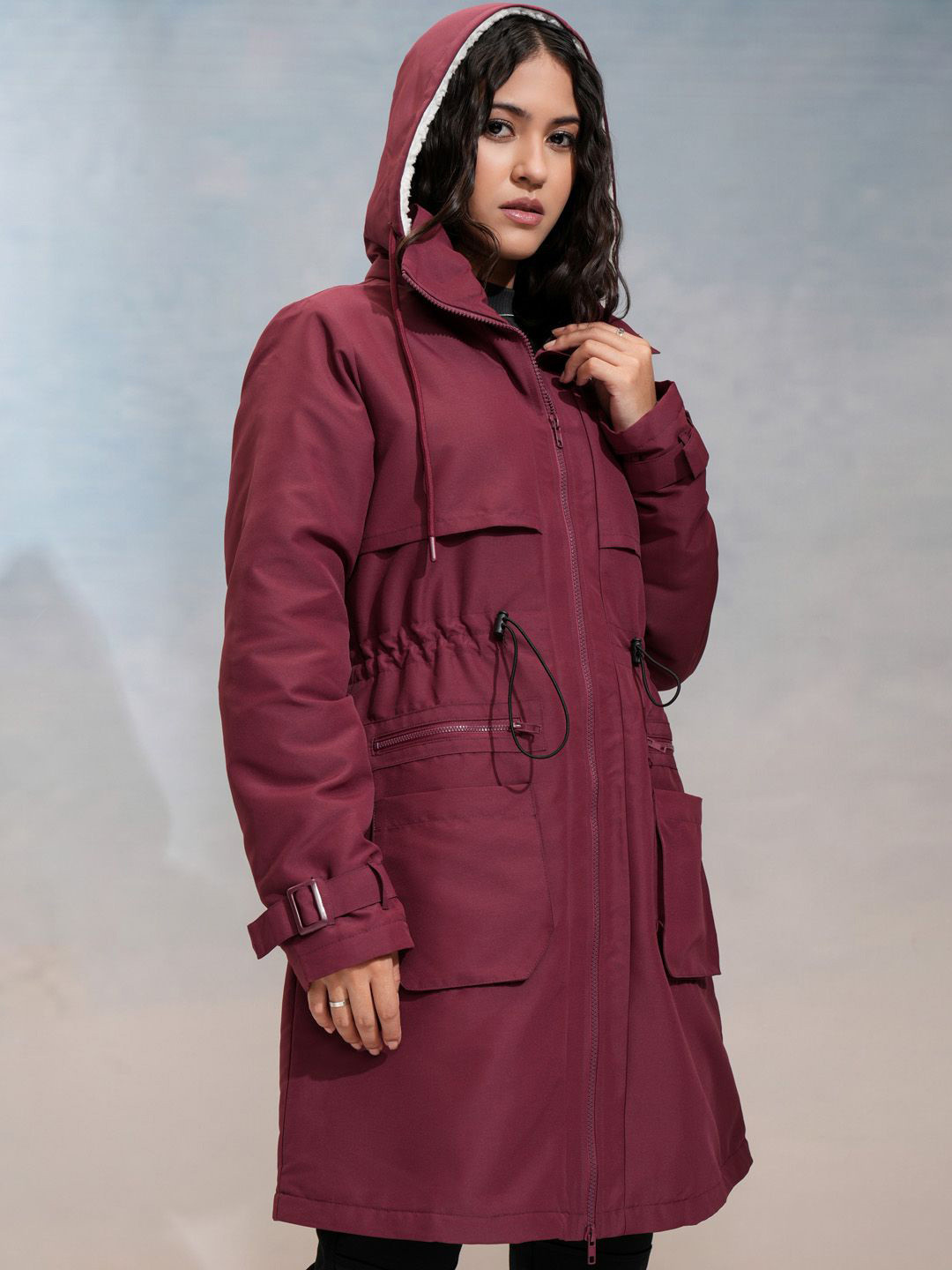 

Tokyo Talkies Women Solid Hooded Parka Jacket, Maroon