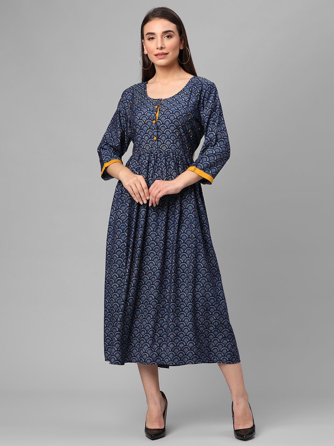 

Shree Women Printed Liva Fit & Flare Maxi Dress, Blue
