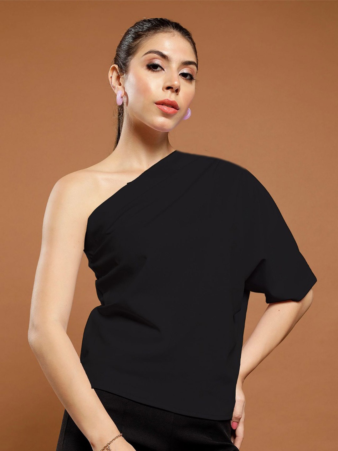 

Athena Women Solid One Shoulder Top, Black