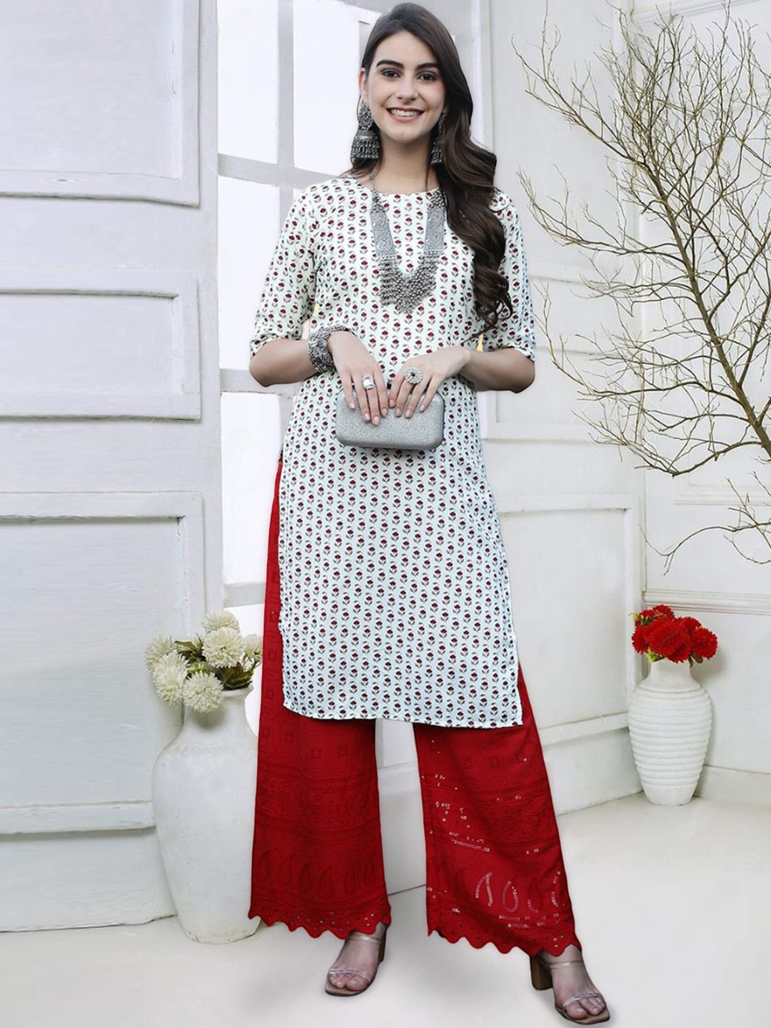 

7Threads Ethnic Motifs Printed Round Neck Crepe Straight Kurta, White