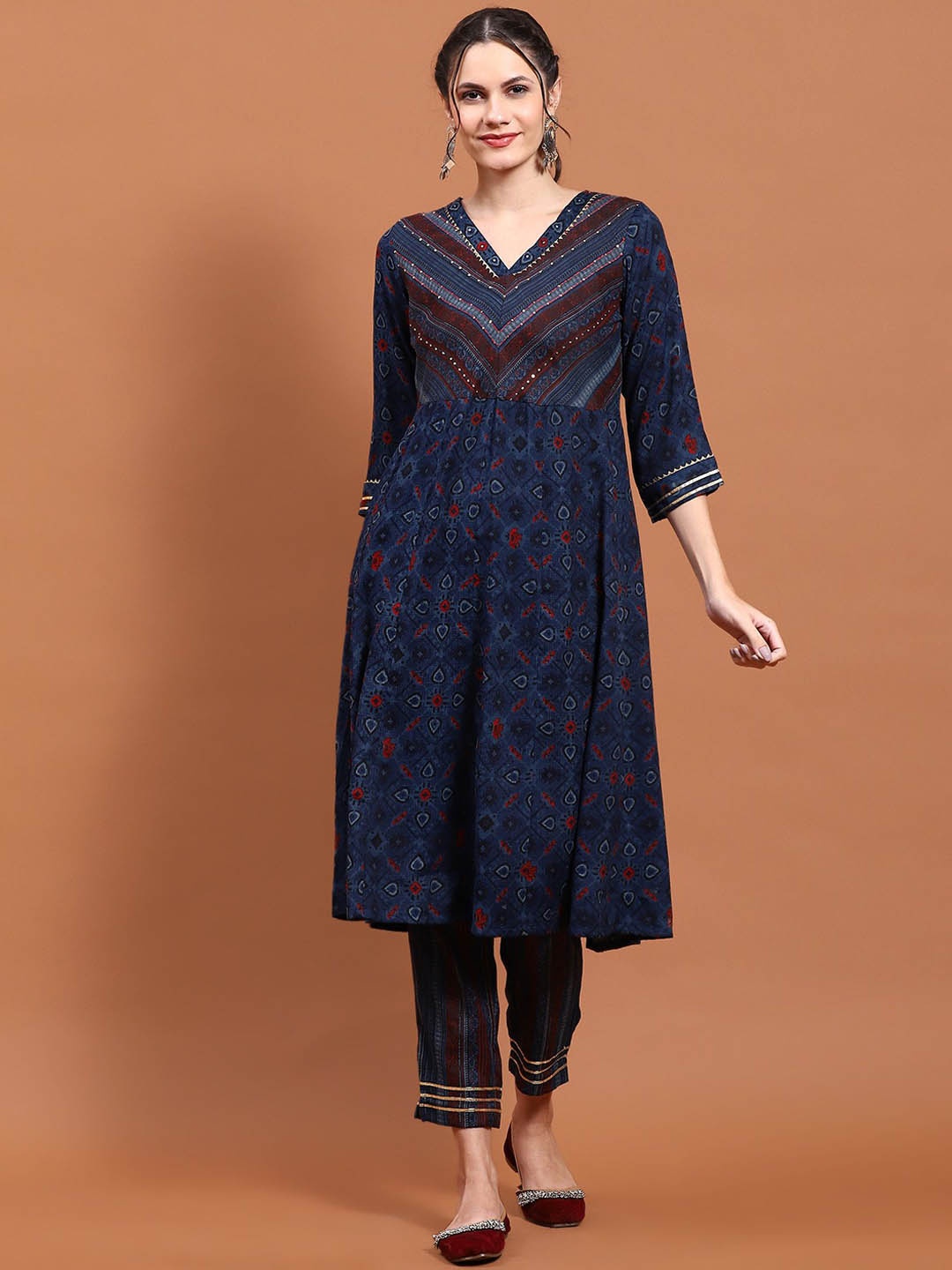 

Shree Striped Printed Regular Gotta Patti Liva A-Line Kurta with Trousers, Navy blue