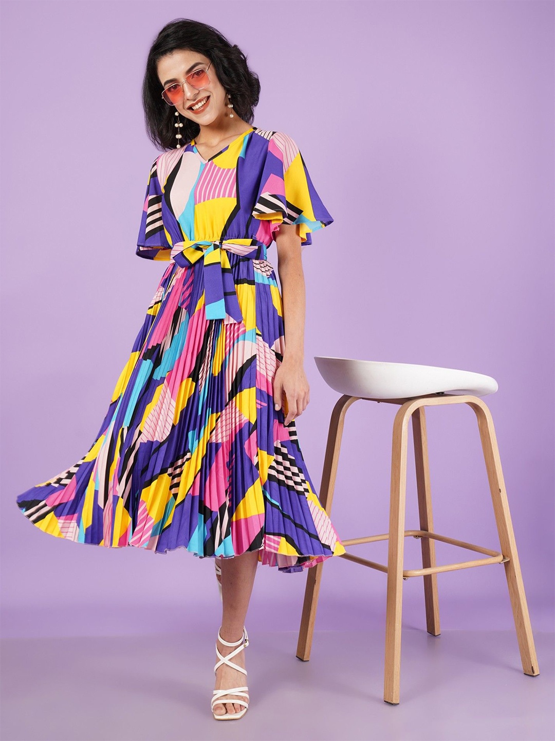 

Femvy Print Bell Sleeve Applique Crepe Fit & Flare Dress, Multi
