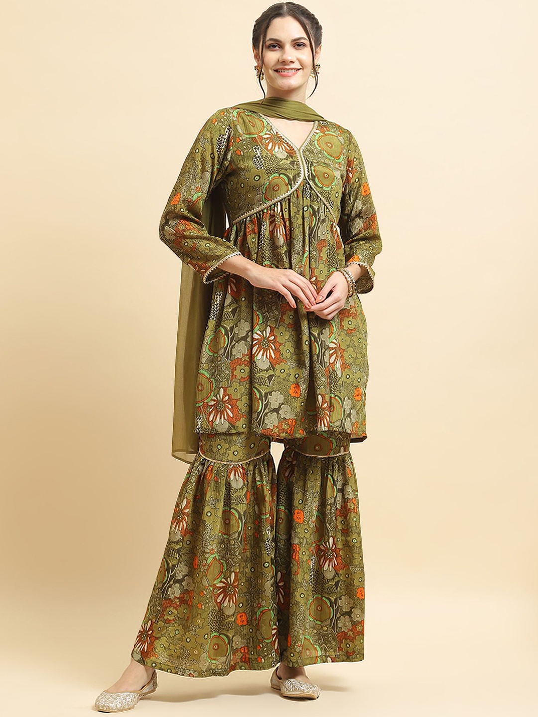 

Shree Floral Printed Gotta Patti Tiered A-Line Kurta with Sharara & Dupatta, Olive