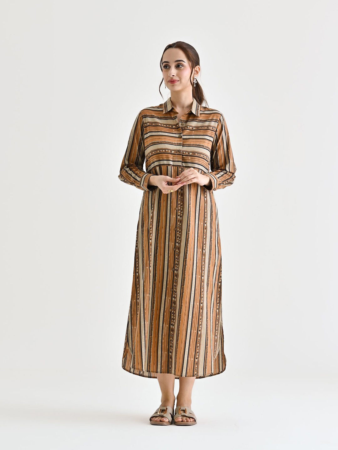 

Rustorange Women Striped Cotton Shirt Collar Shirt Midi Dress, Brown