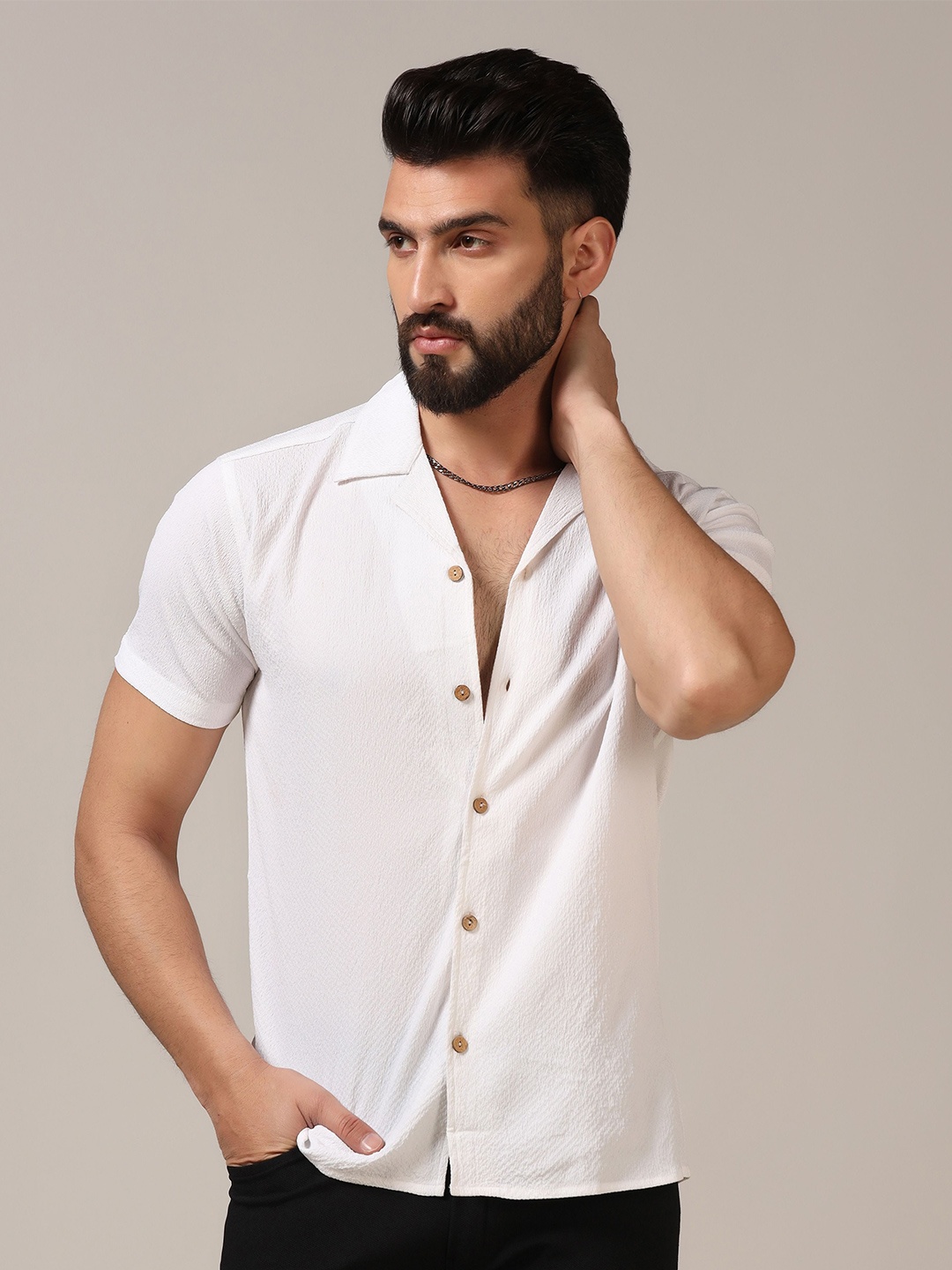 

TAGDO Men Standard Cuban Collar Textured Solid Casual Shirt, White