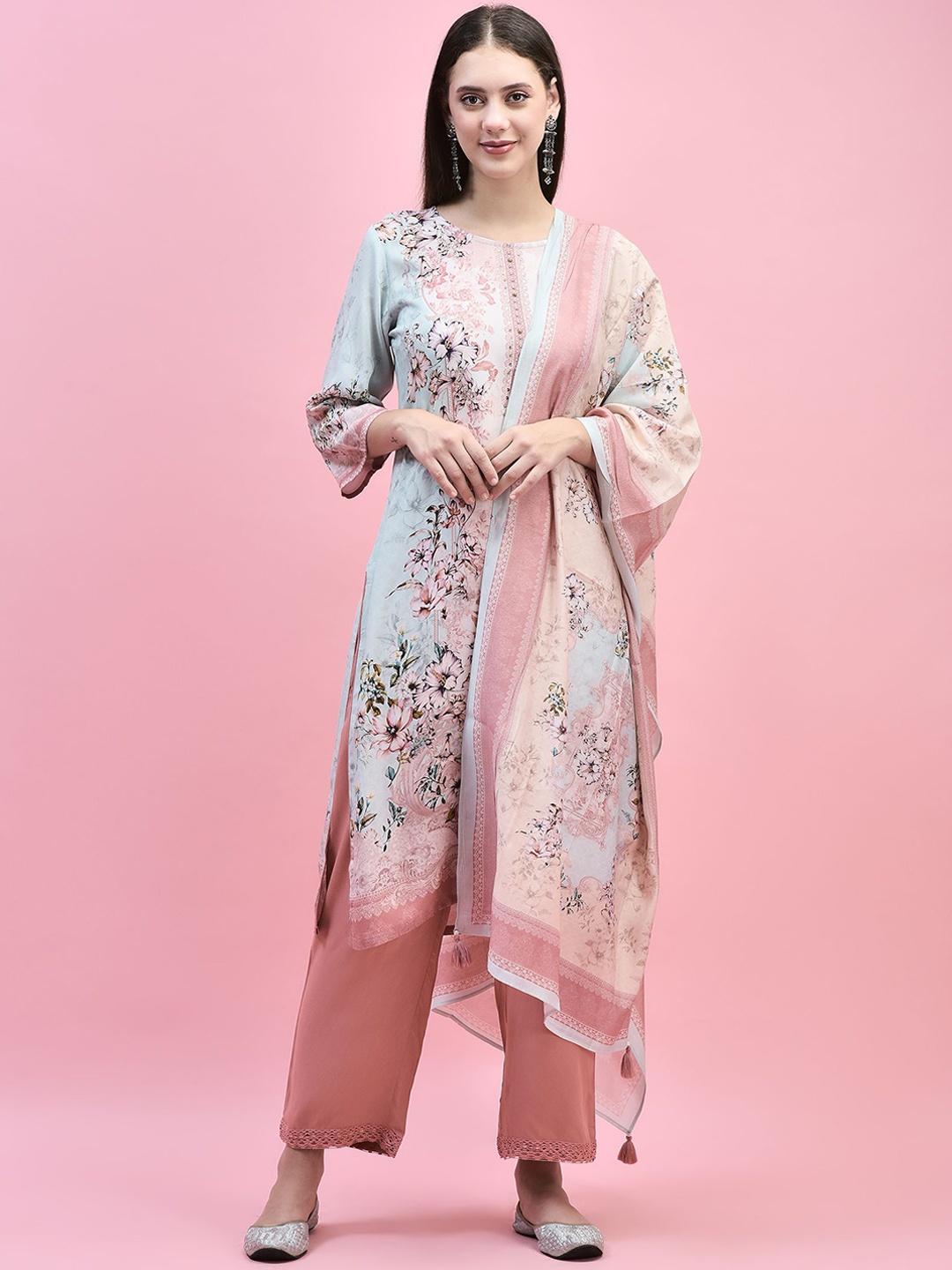 

Shree Floral Printed Straight Kurta with Trousers & Dupatta, Peach