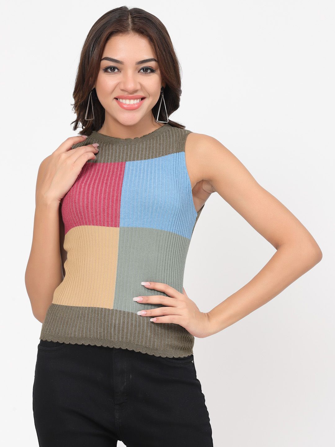 

Kalt Women Colourblocked Sweater Vest, Olive