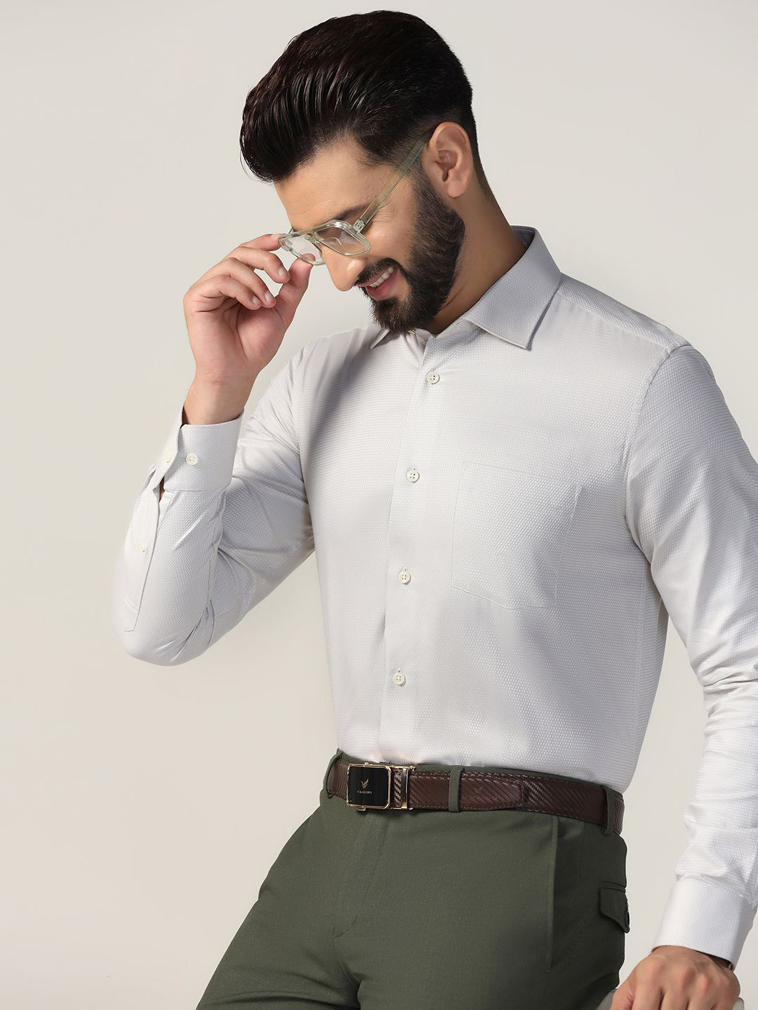 

Blackberrys Men India Slim Cutaway Collar Textured Solid Cotton Formal Shirt, Beige