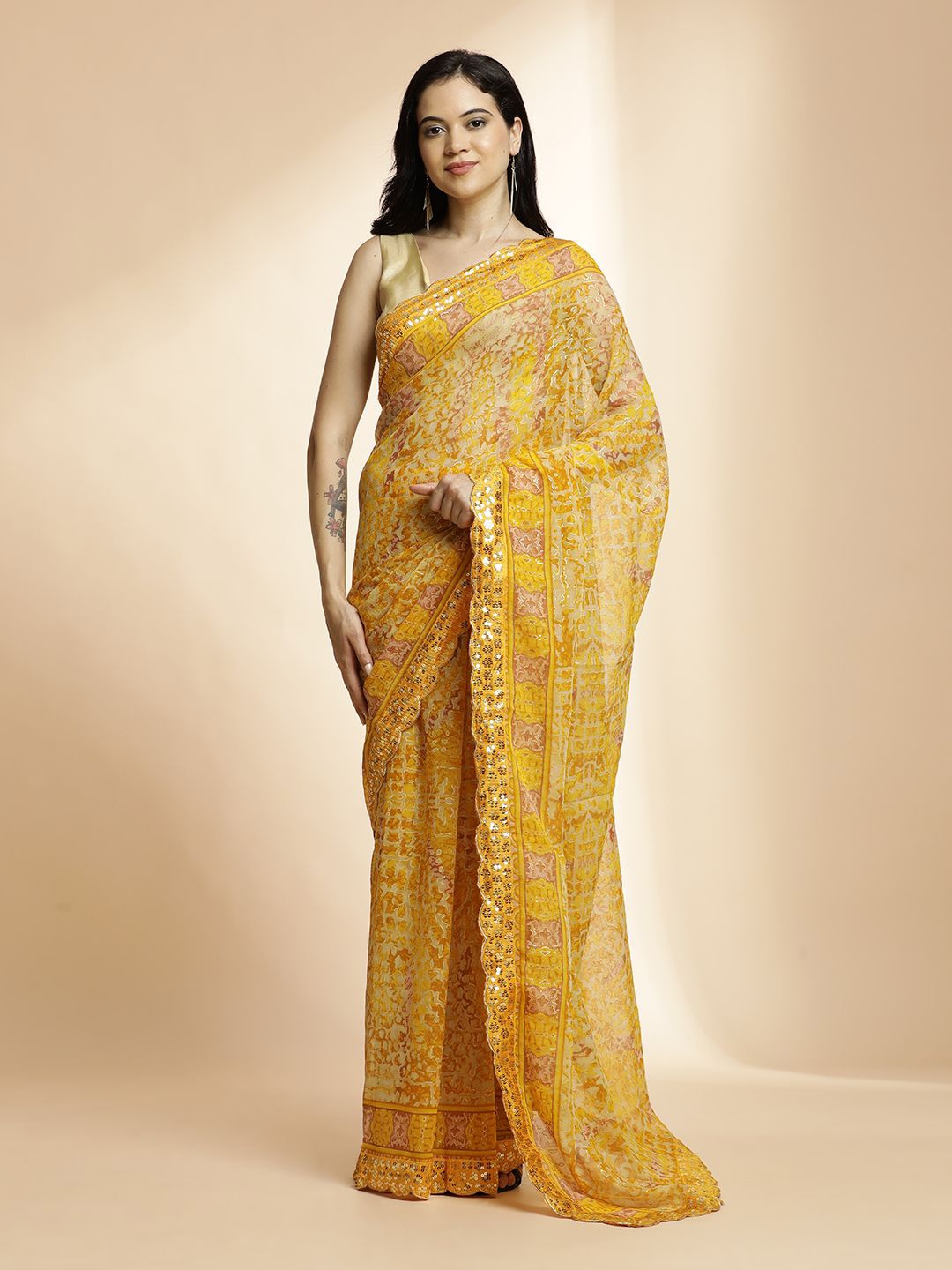 

Jaipur Kurti Sequinned Poly Chiffon Saree, Yellow