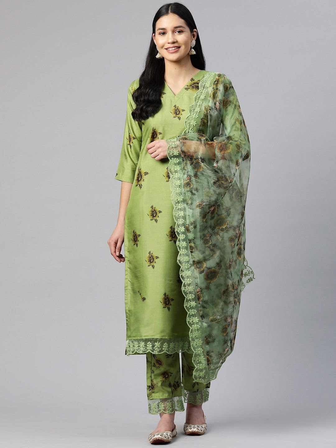 

KAVINDI Floral Printed V Neck Straight Kurta With Trousers & Dupatta, Lime green