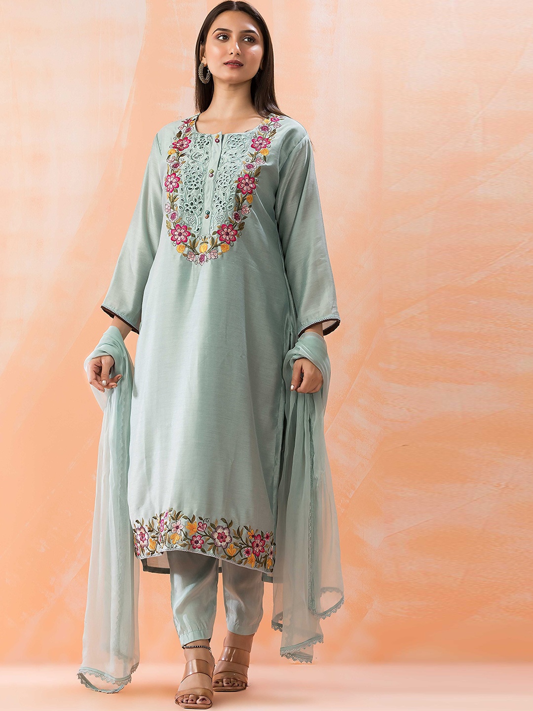 

SACRED SUTA Floral Embroidered Round Neck Straight Kurta with Trousers & Dupatta, Sea green