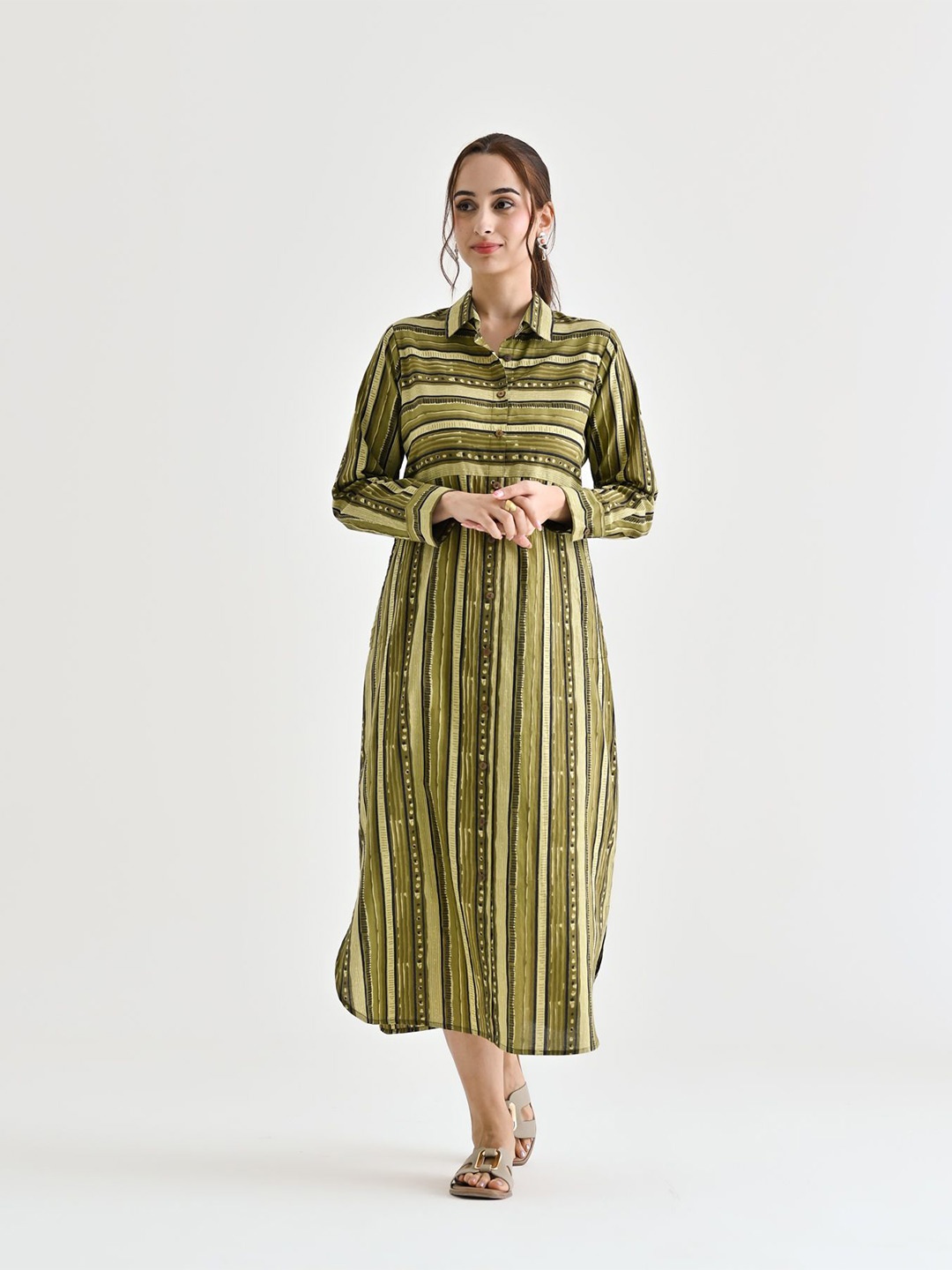 

Rustorange Women Striped Cotton Shirt Collar Shirt Midi Dress, Olive