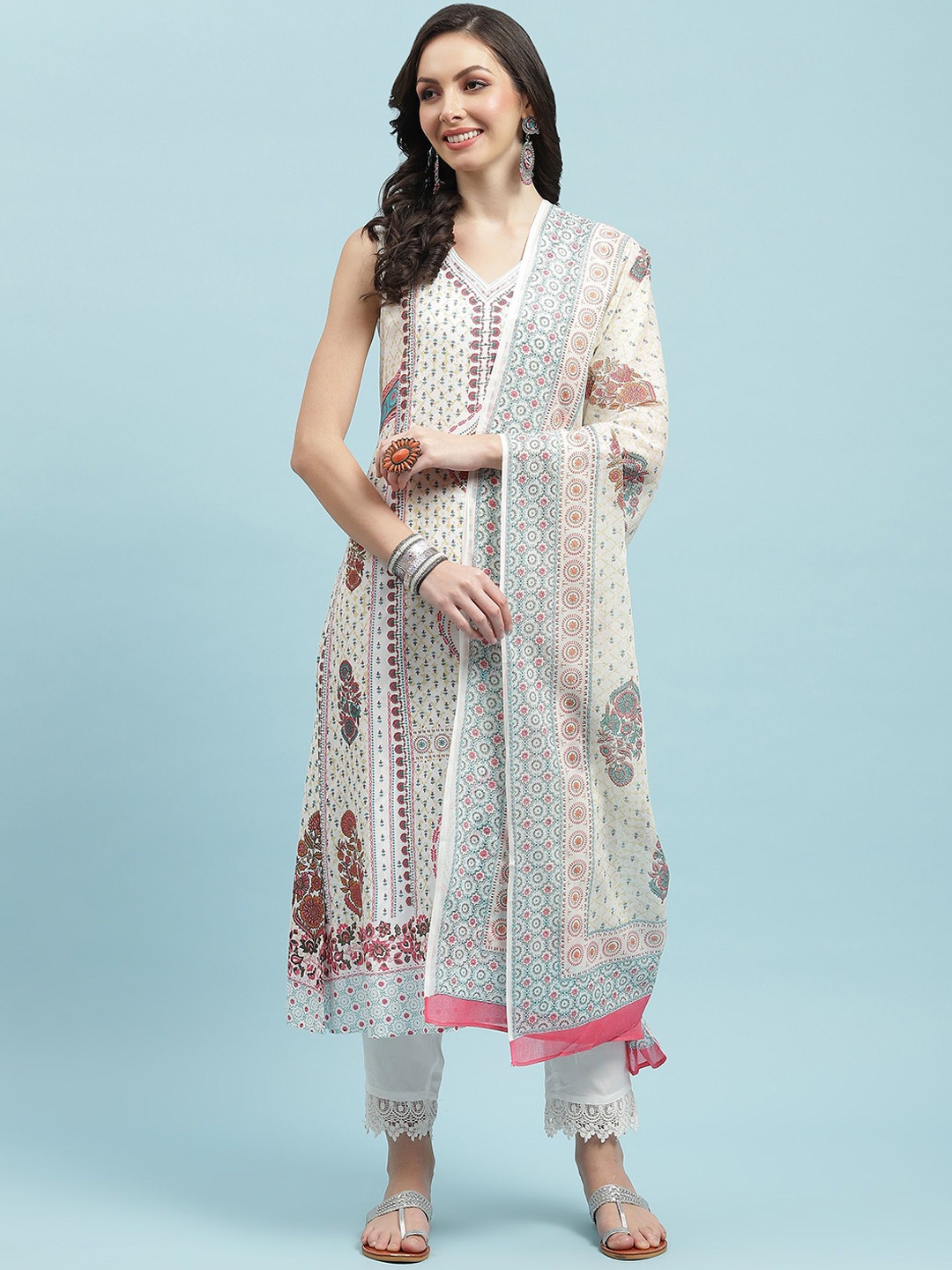 

Shree Floral Printed Liva Straight Kurta & Trousers With Dupatta, White