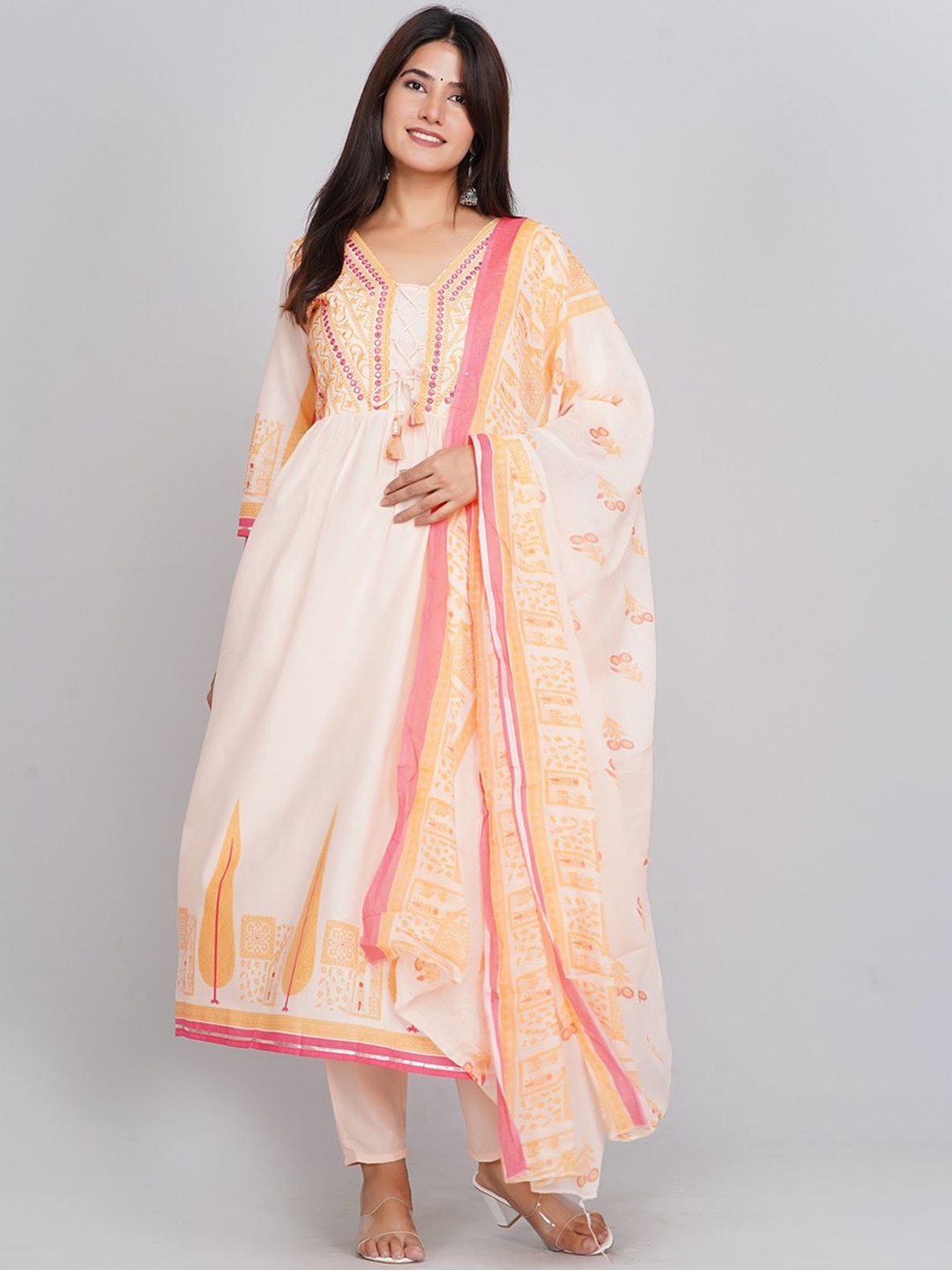 

KALINI Floral Embroidered Thread Work Anarkali Kurta with Trousers & Dupatta, Peach