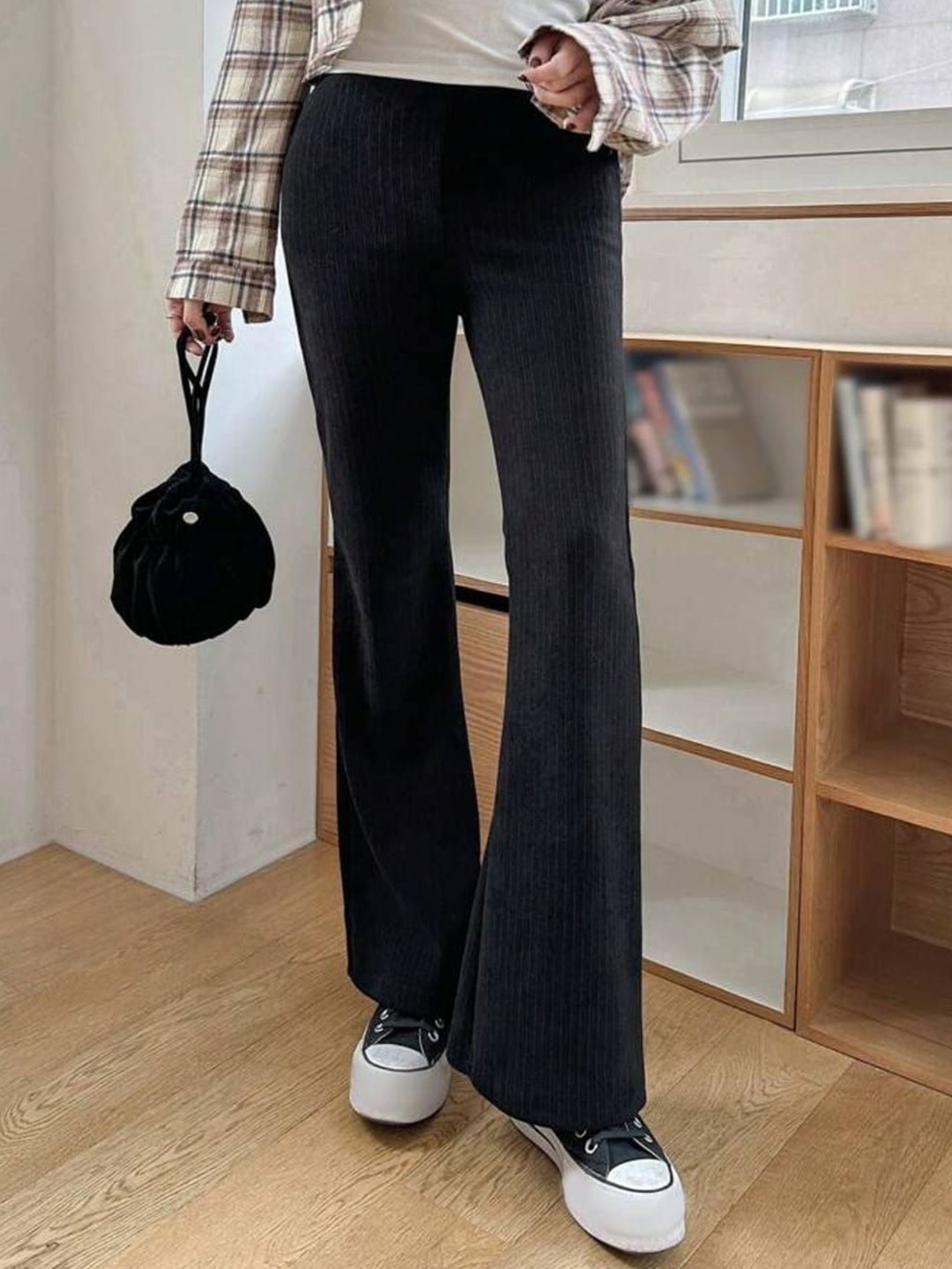 

BROADSTAR Women Smart Flared High-Rise Easy Wash Trousers, Black