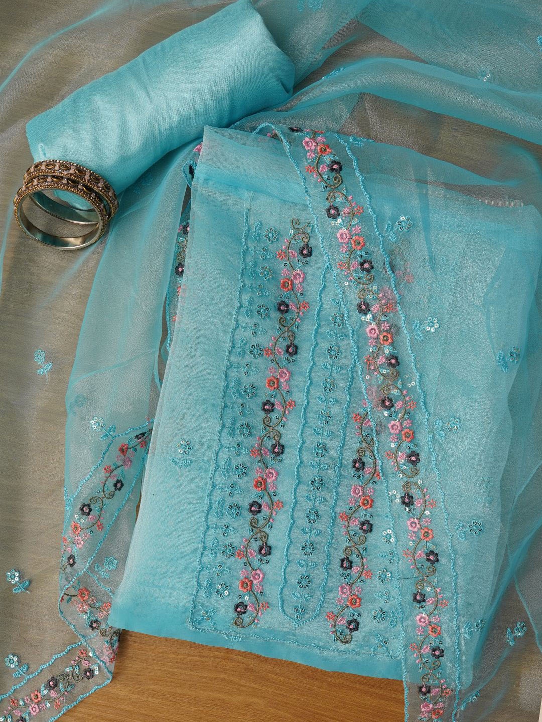 

Jaipur Kurti Floral Embroidered Sequinned Organza Unstitched Dress Material, Blue