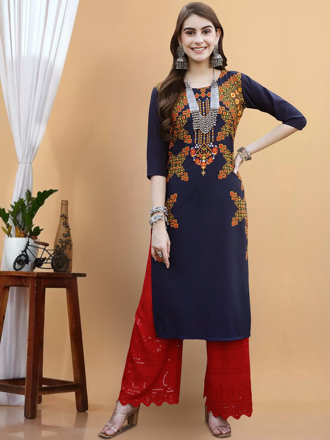 

7Threads Geometric Printed Round Neck Crepe Straight Kurta, Navy blue