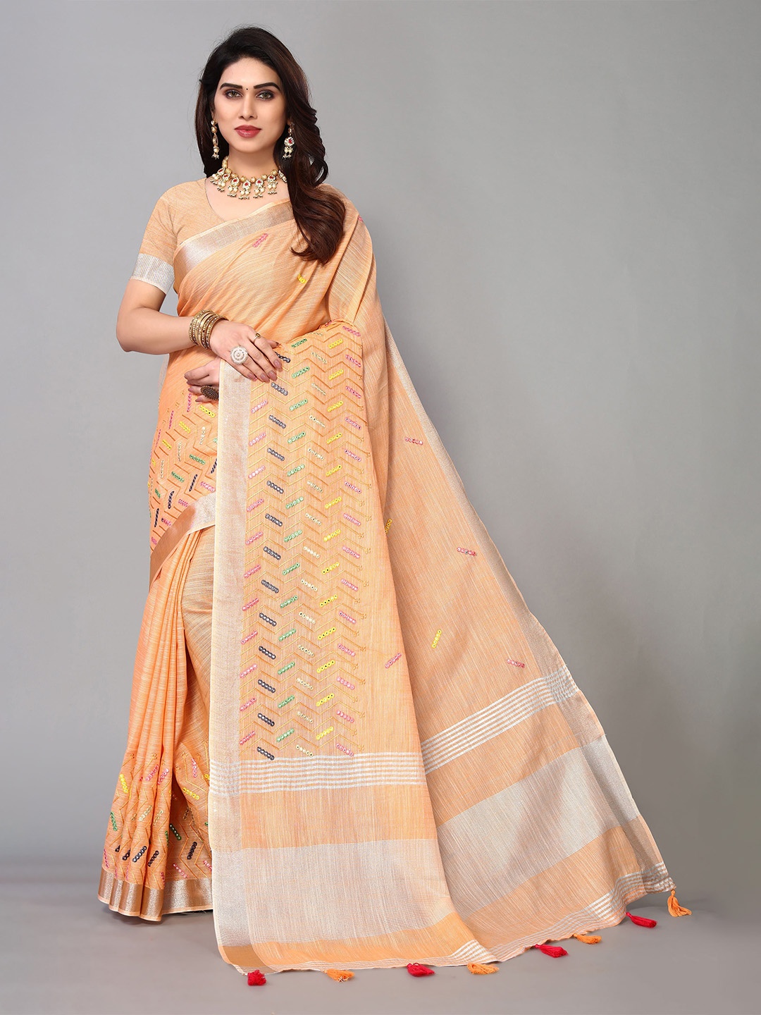 

NIRMAL CREATION Woven Design Mirror Work Maheshwari Saree, Orange